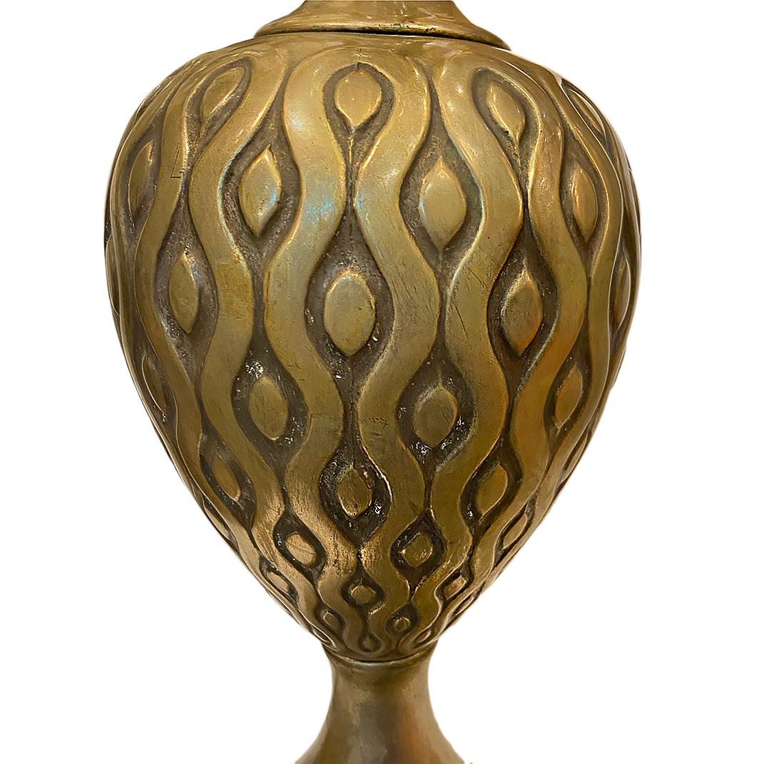 Hand-Crafted Pair of Patterned Brass Lamps For Sale