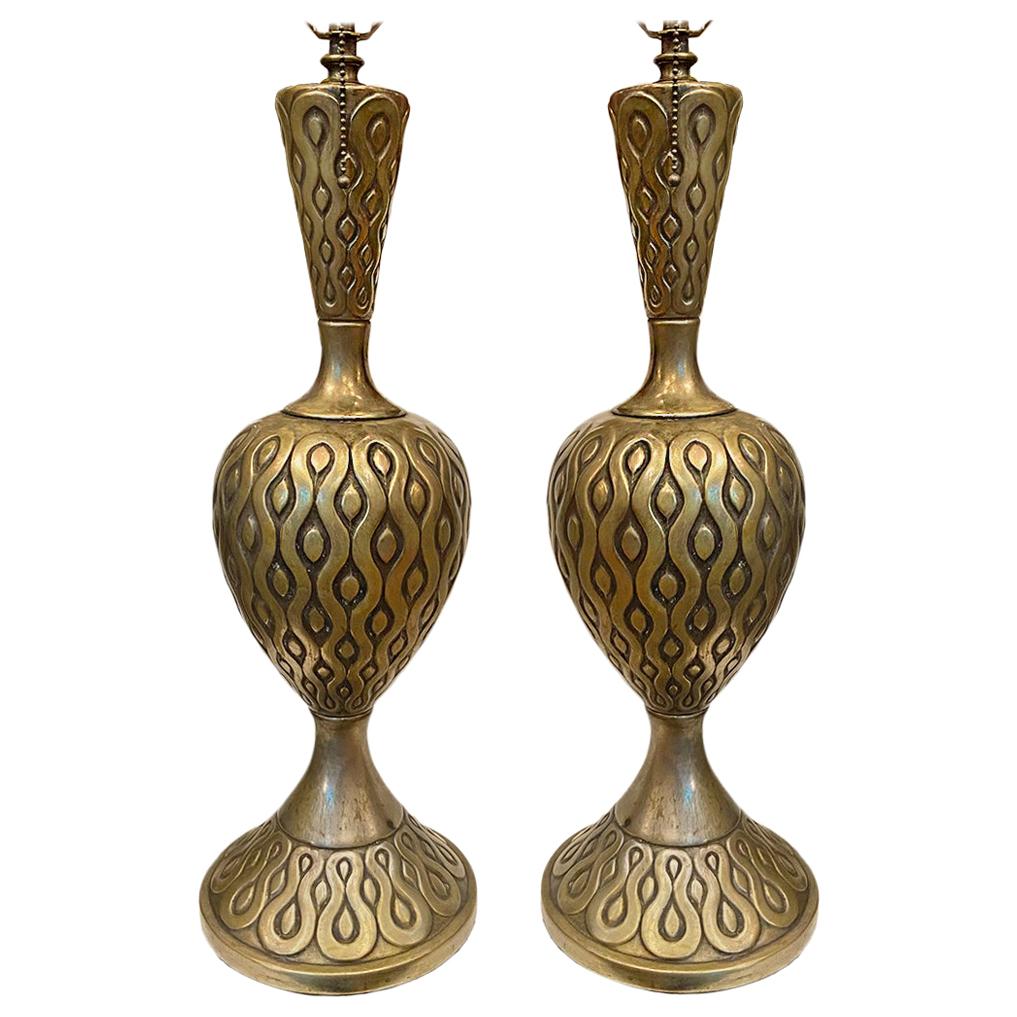 Pair of Patterned Brass Lamps For Sale