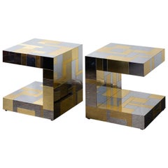 Pair of Paul Evans Cityscape Chrome and Brass End Tables