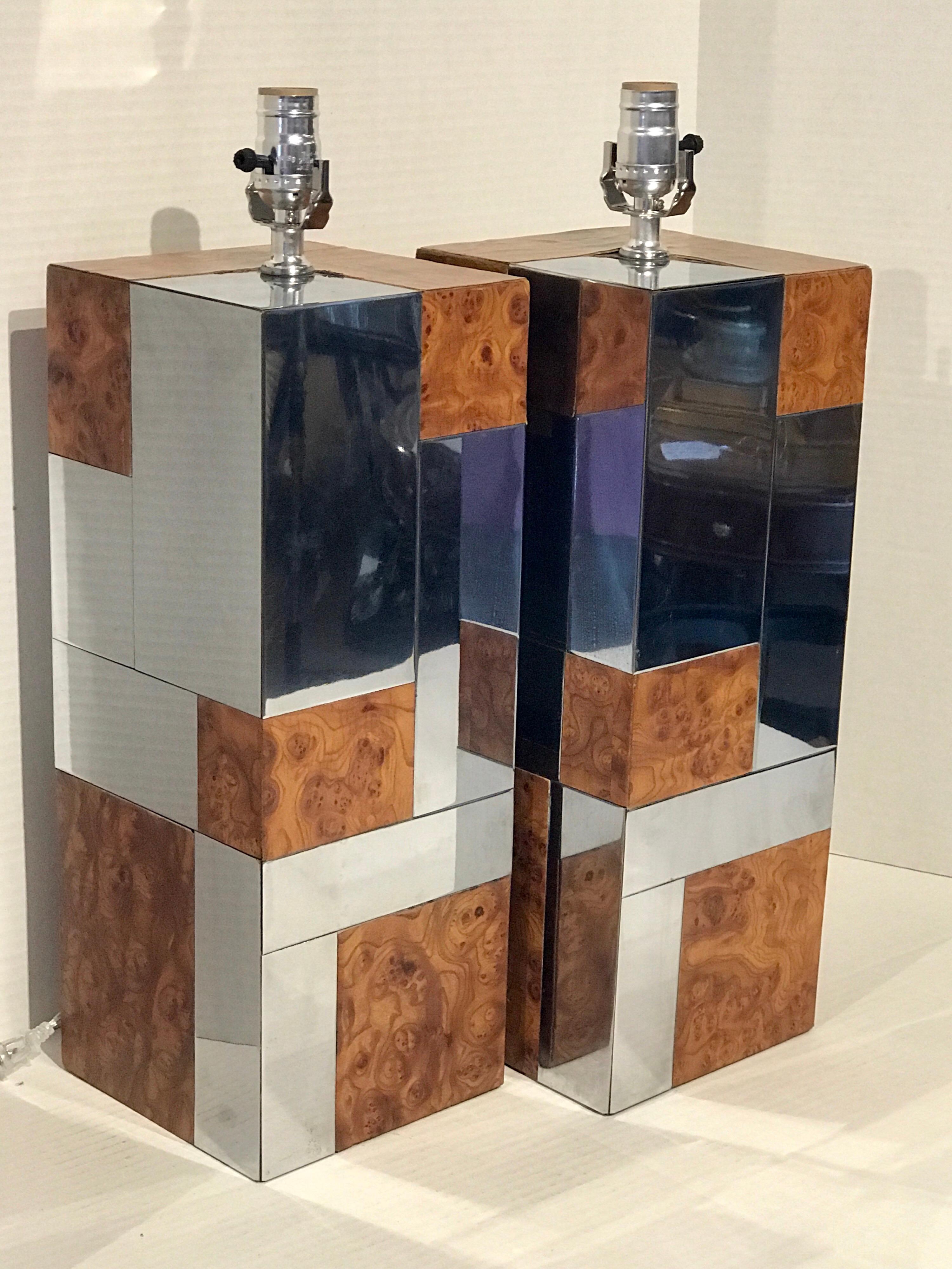 Pair of Paul Evans Cityscape table lamps, PE 400 series, each one of substantial form with chrome and burl marquetry decoration. New wiring. Each lamps stands 22