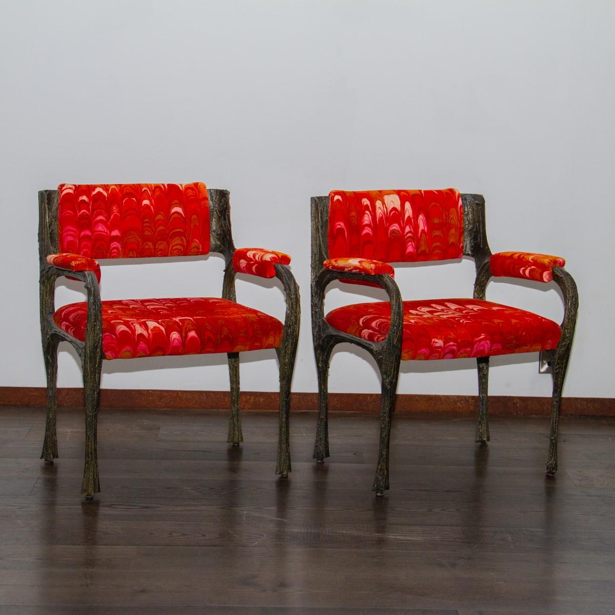 Brutalist Pair of Paul Evans Sculpted Bronze Armchairs, Late 1960s