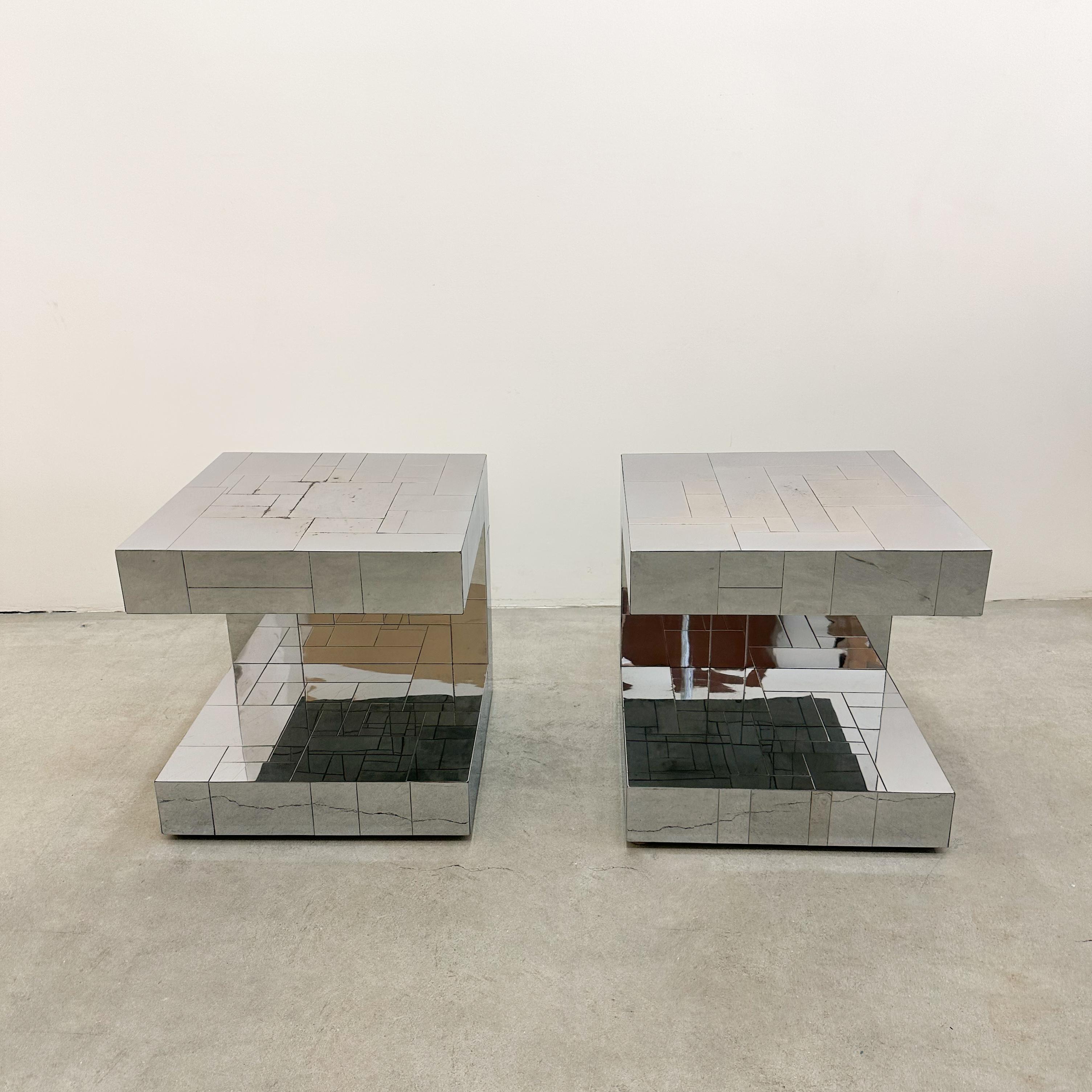 Mid-Century Modern Pair of Paul Evans Signed Cityscape Chrome End Tables or Nightstands, 1970s