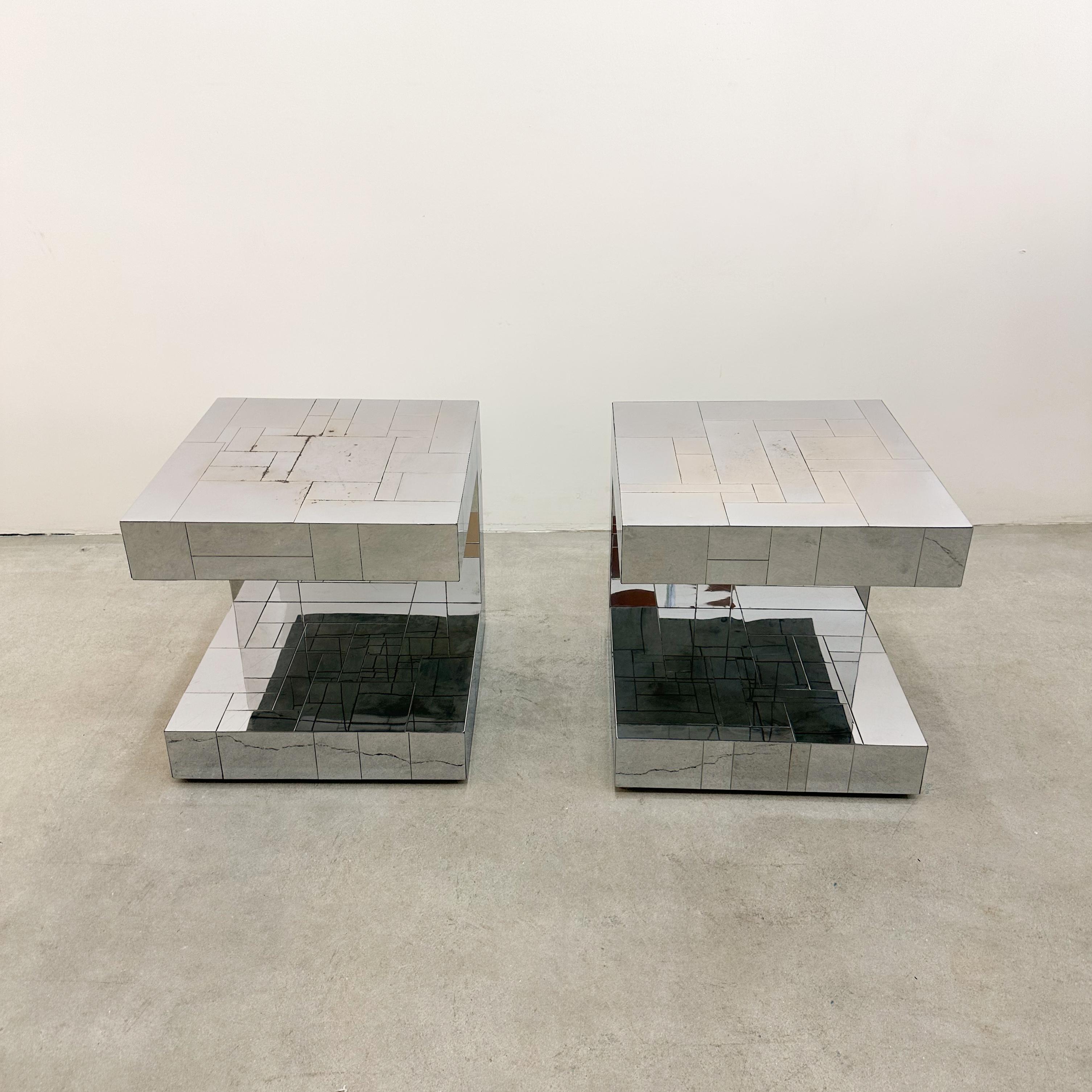 American Pair of Paul Evans Signed Cityscape Chrome End Tables or Nightstands, 1970s
