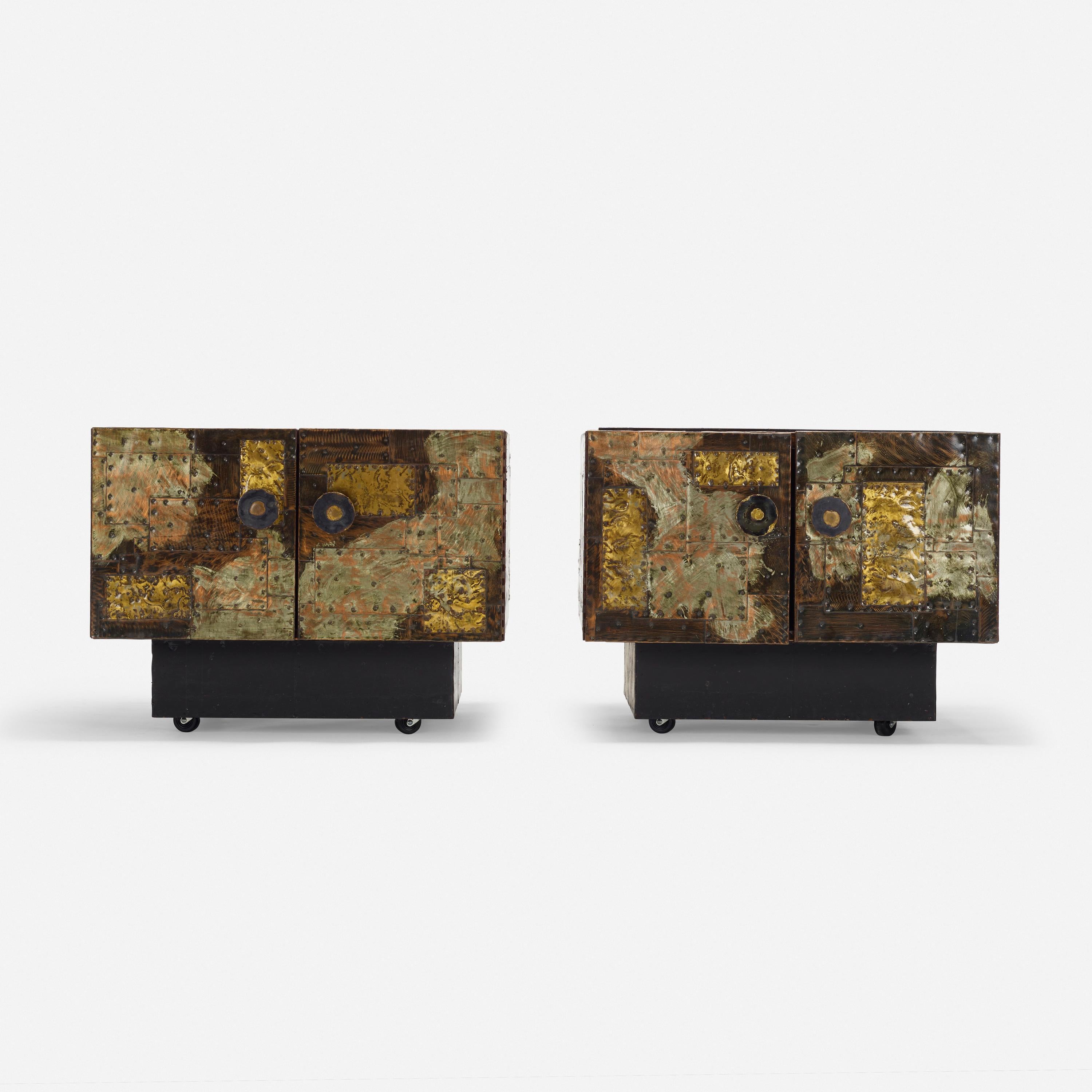 Pair of Paul Evans welded and patinated steel side tables top inset with a slate for Studio for Directional.