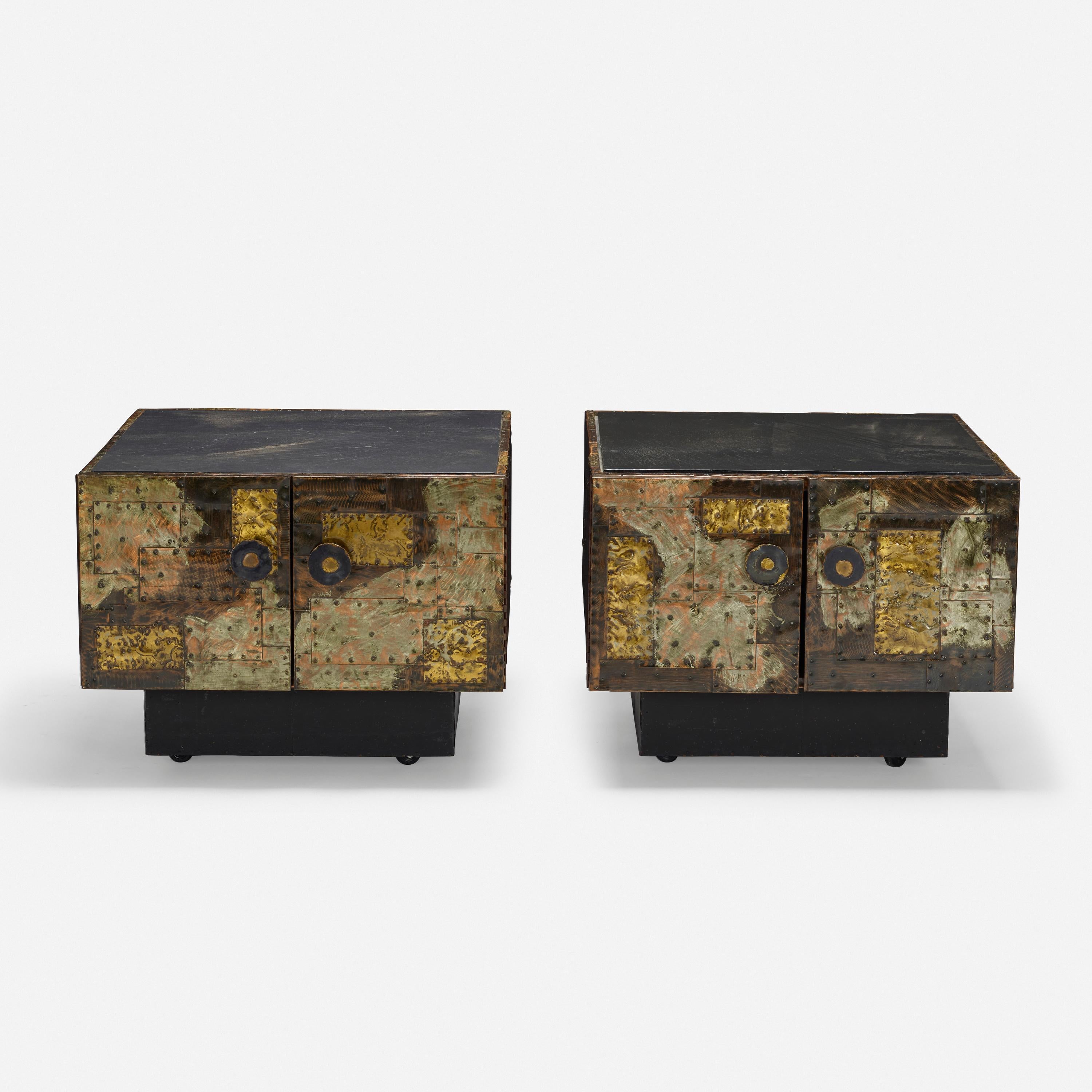 Brutalist Pair of Paul Evans Welded and Patinated Steel Patchwork Side Tables For Sale