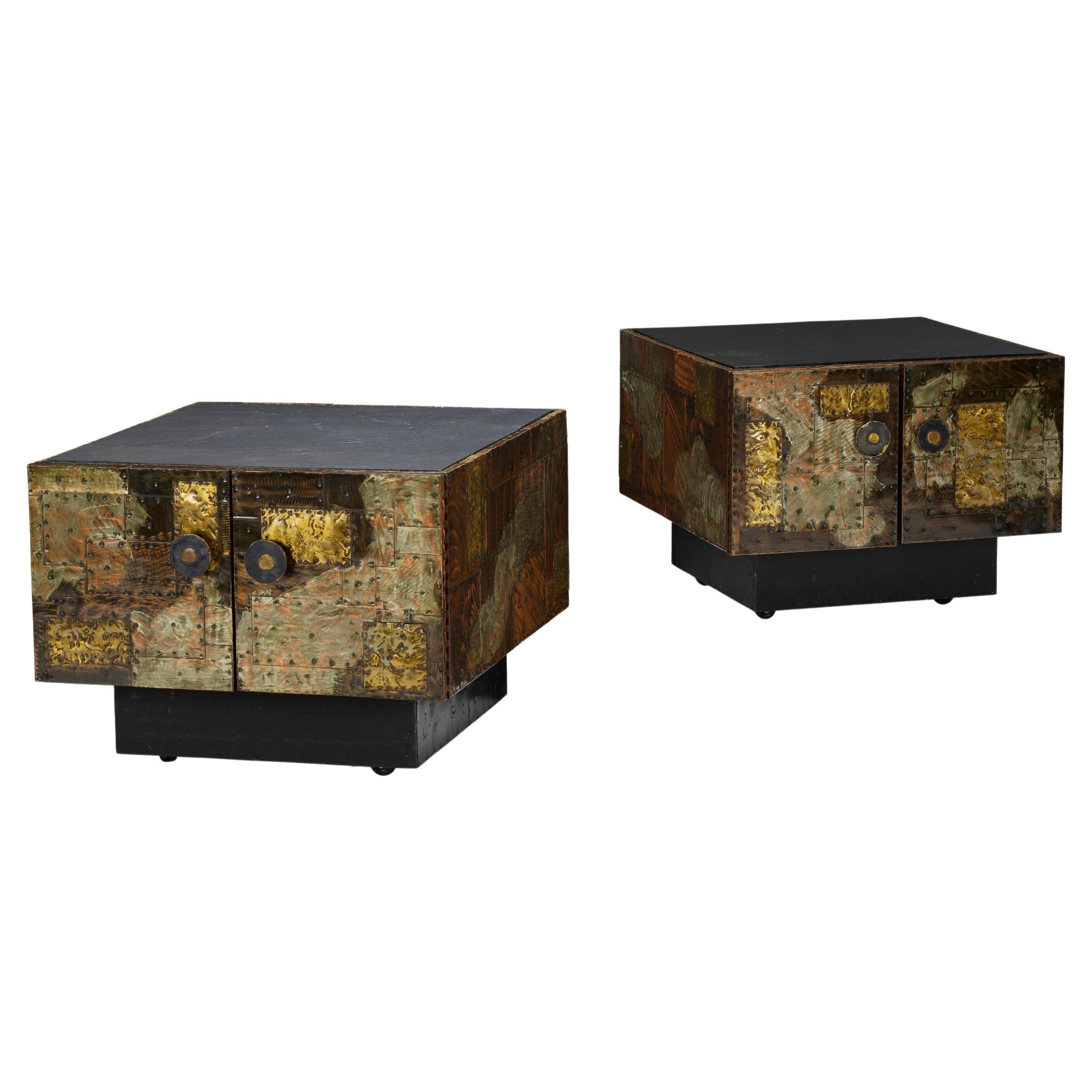 Pair of Paul Evans Welded and Patinated Steel Patchwork Side Tables
