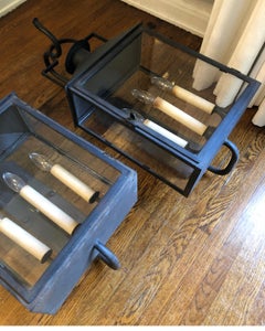 Pair of Paul Ferrante Antiqued Glass and Iron Baxley Lanterns