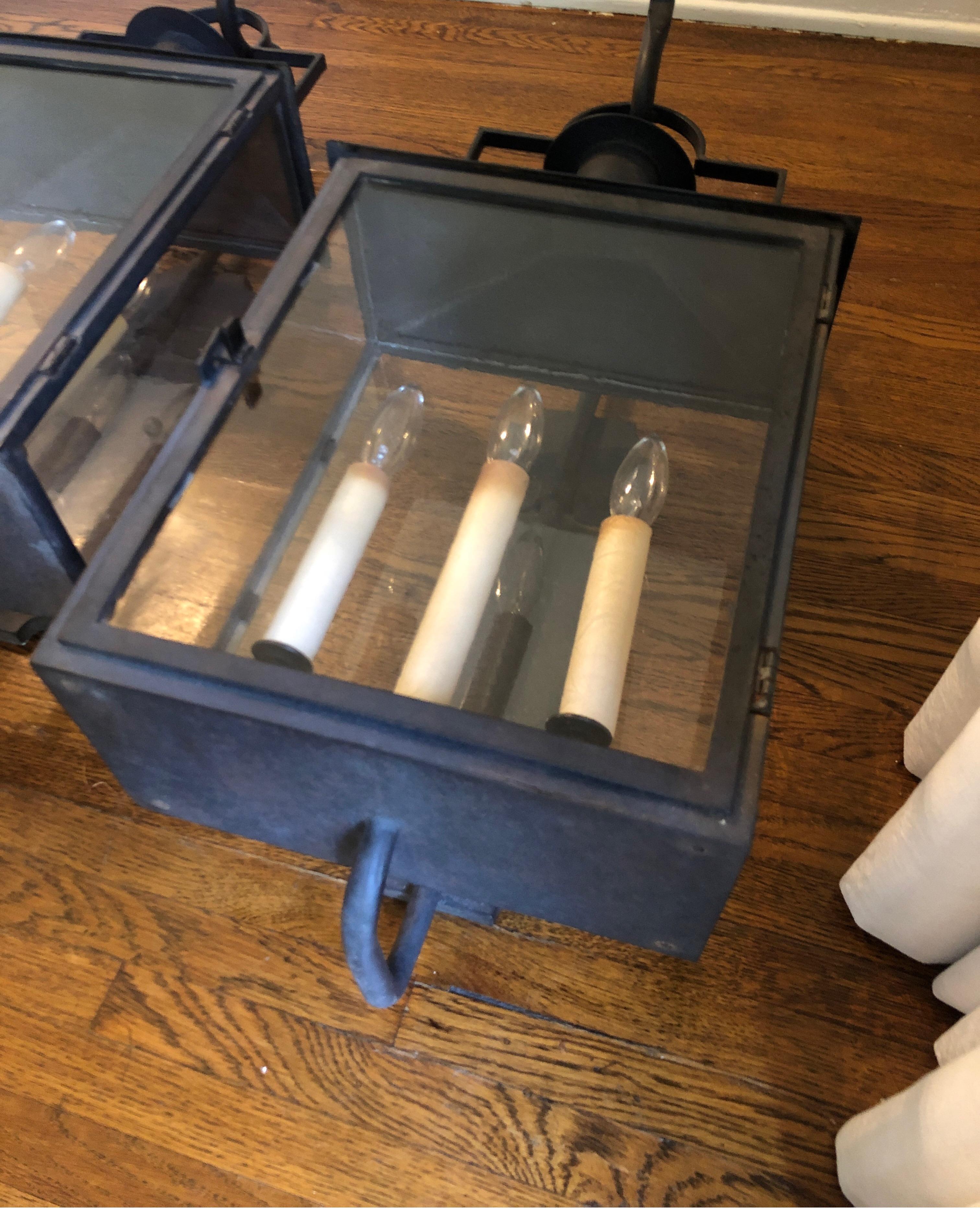 American Pair of Paul Ferrante Antiqued Glass and Iron Baxley Lanterns