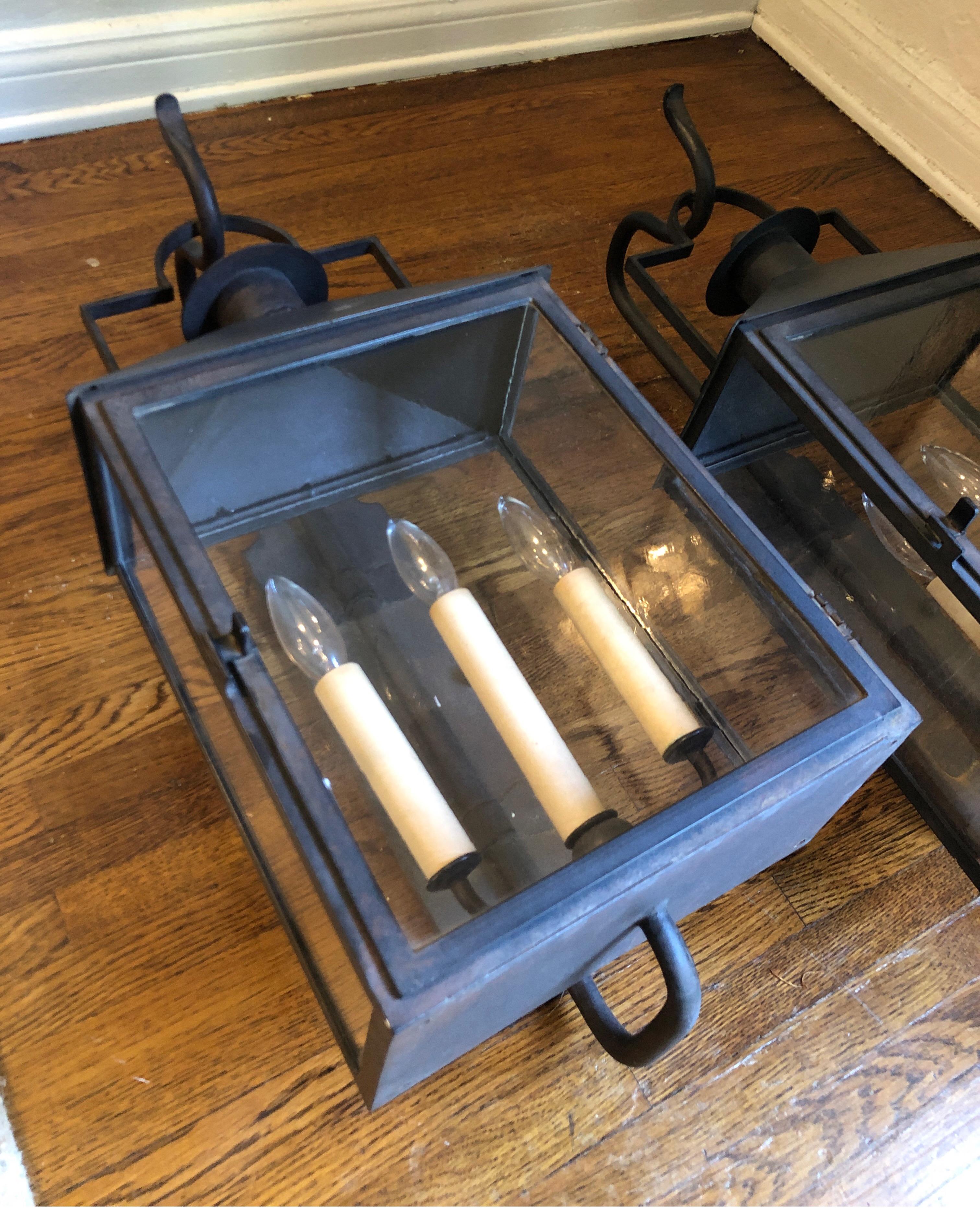 Pair of Paul Ferrante Antiqued Glass and Iron Baxley Lanterns In Good Condition In Los Angeles, CA