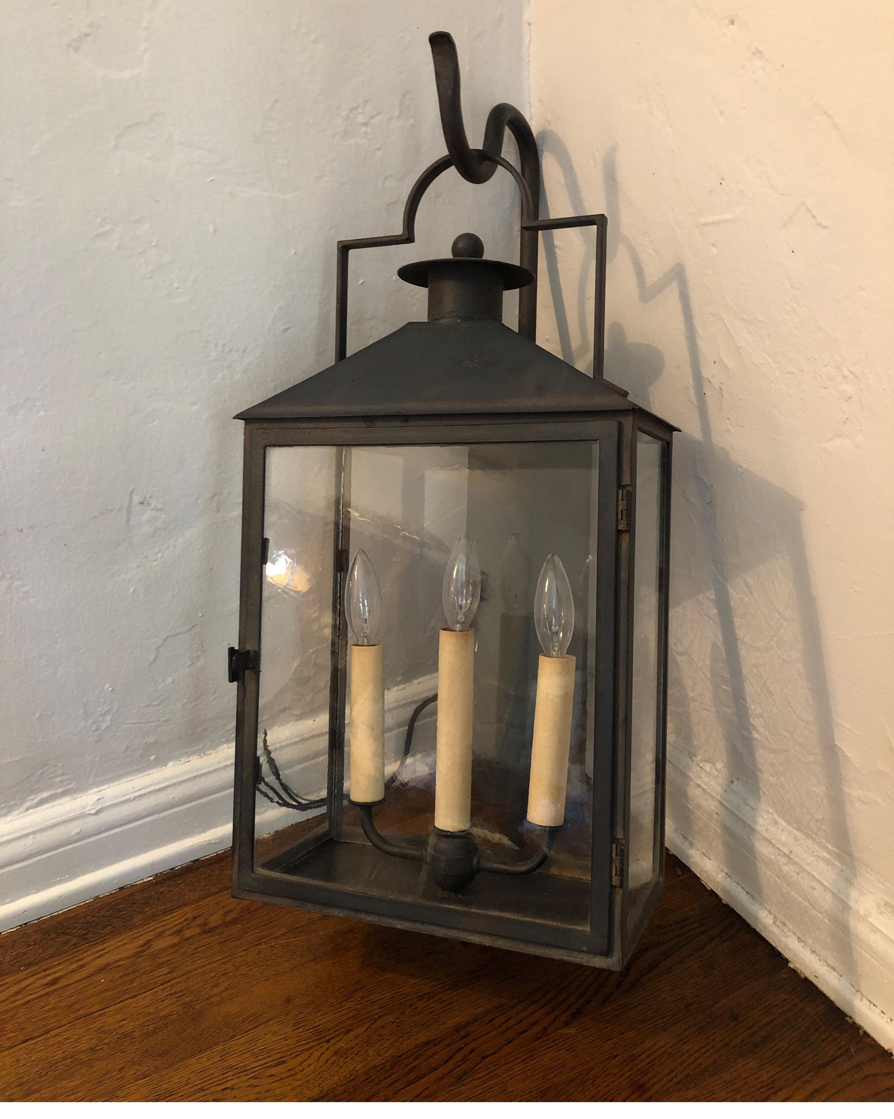 20th Century Pair of Paul Ferrante Antiqued Glass and Iron Baxley Lanterns