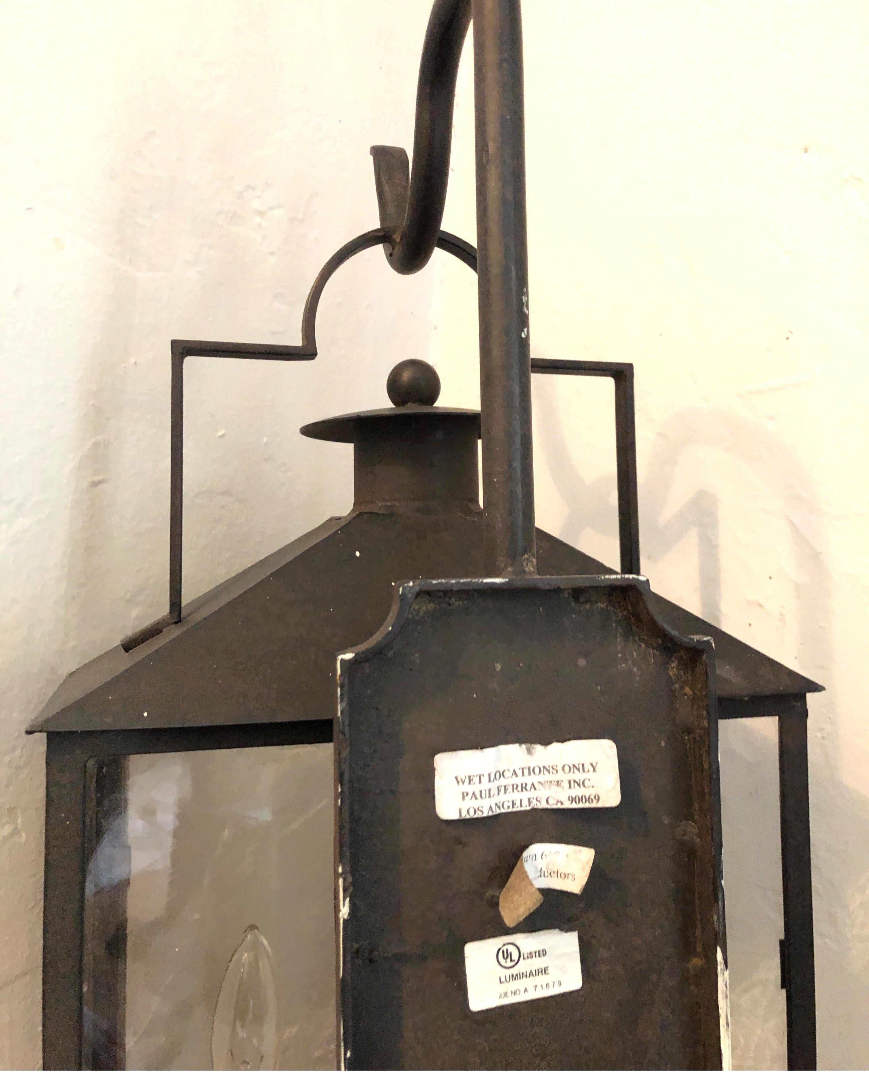 Pair of Paul Ferrante Antiqued Glass and Iron Baxley Lanterns 2