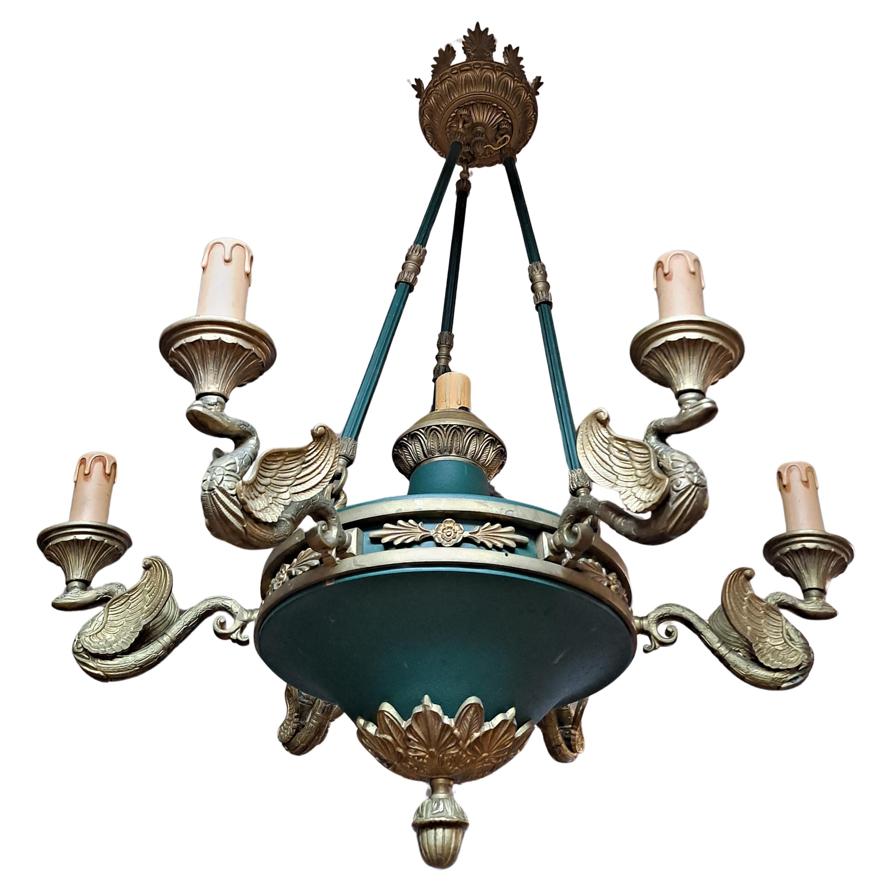 Pair of Paul Ferrante Empire-Style Six-Arm Chandeliers  For Sale