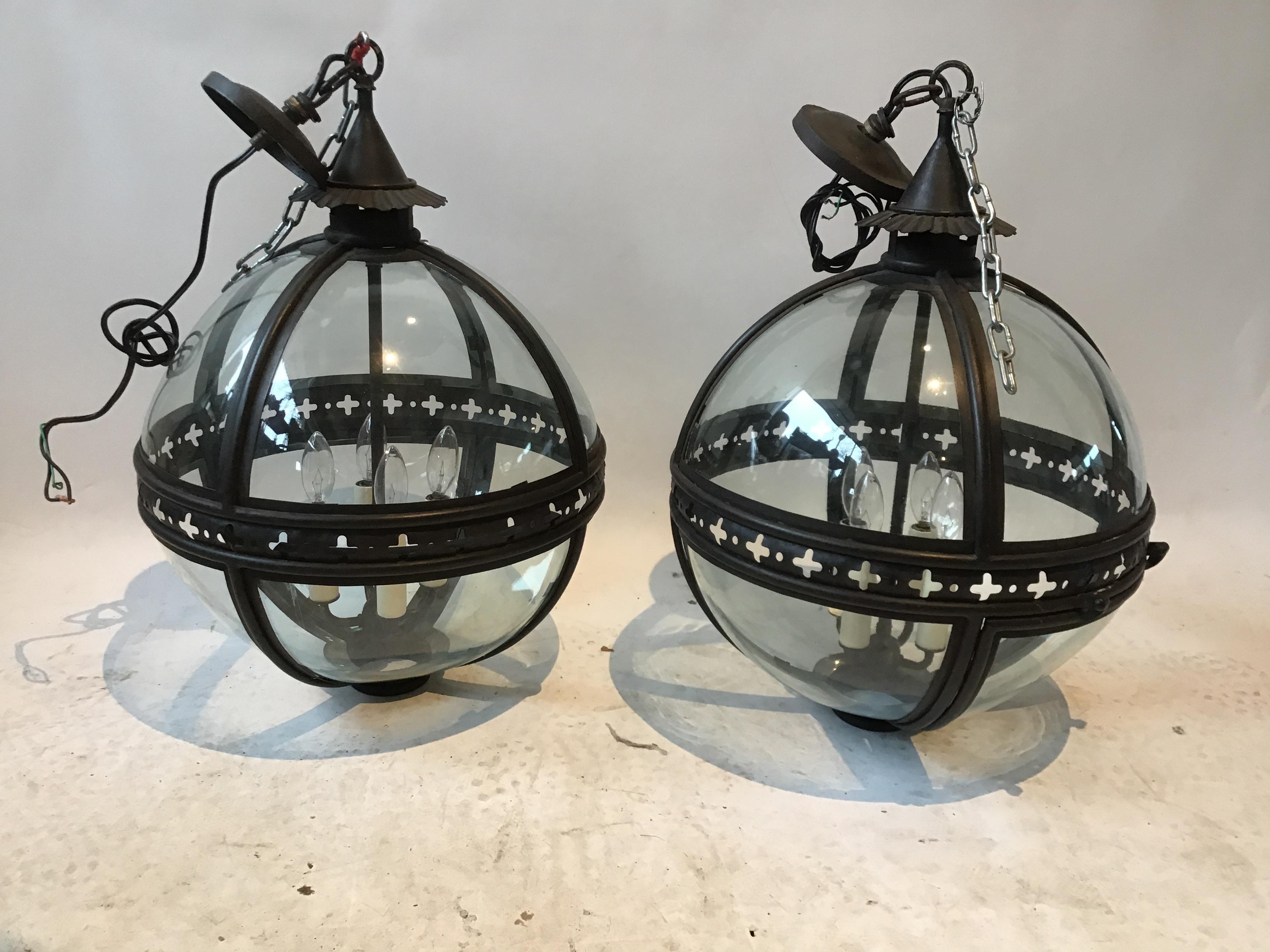 Pair of Paul Ferrante Iron and Glass Orb Chandeliers 8