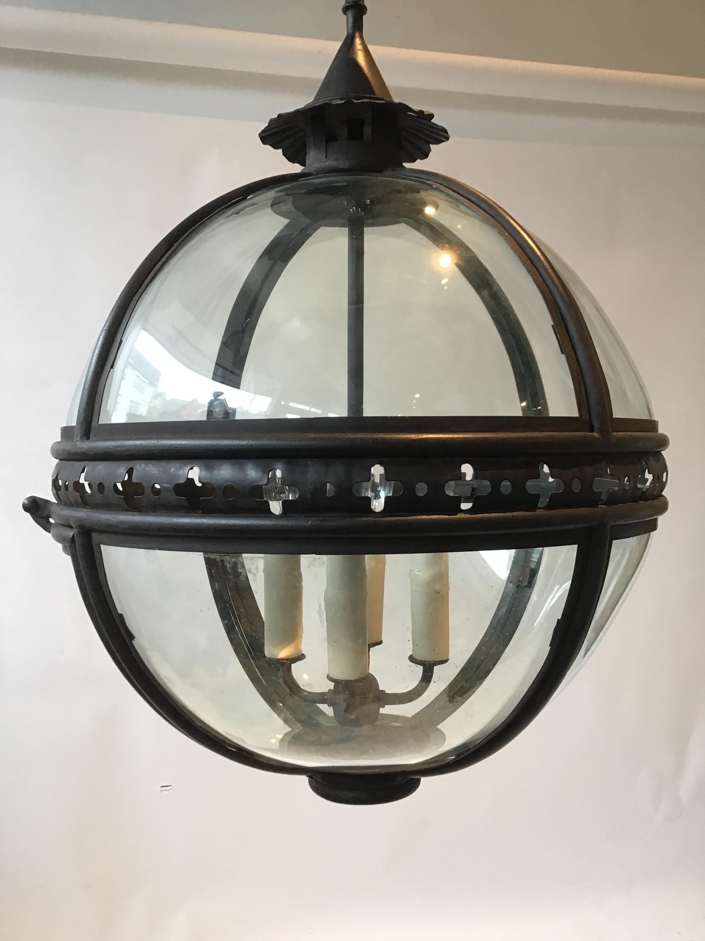 Pair of Paul Ferrante Iron and Glass Orb Chandeliers In Good Condition In Tarrytown, NY