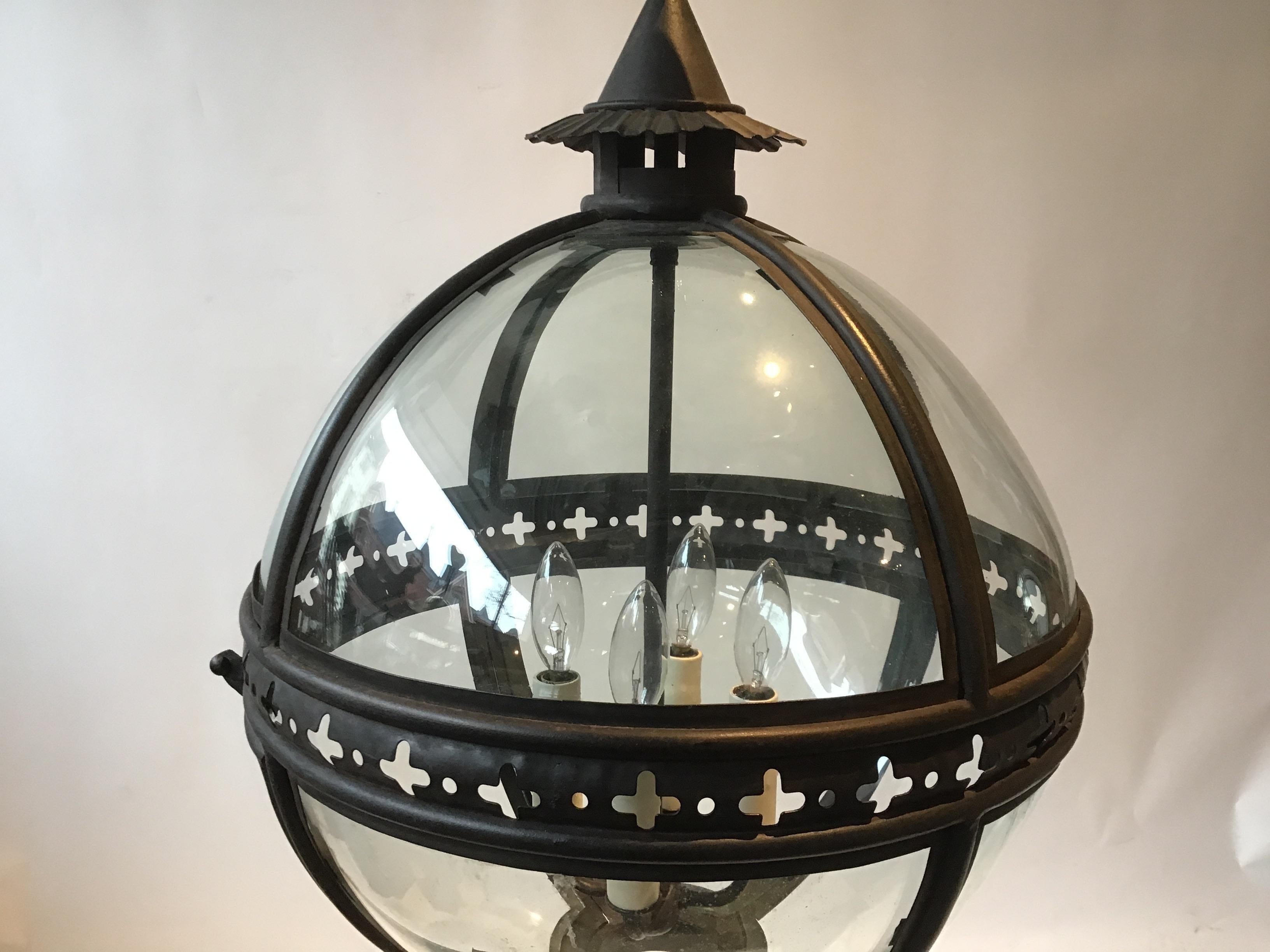 Contemporary Pair of Paul Ferrante Iron and Glass Orb Chandeliers