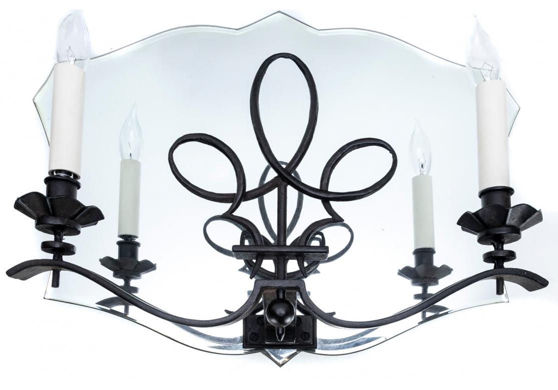 Pair Of Paul Ferrante Mirror & Iron Shield Form Wall Sconces For Sale 8