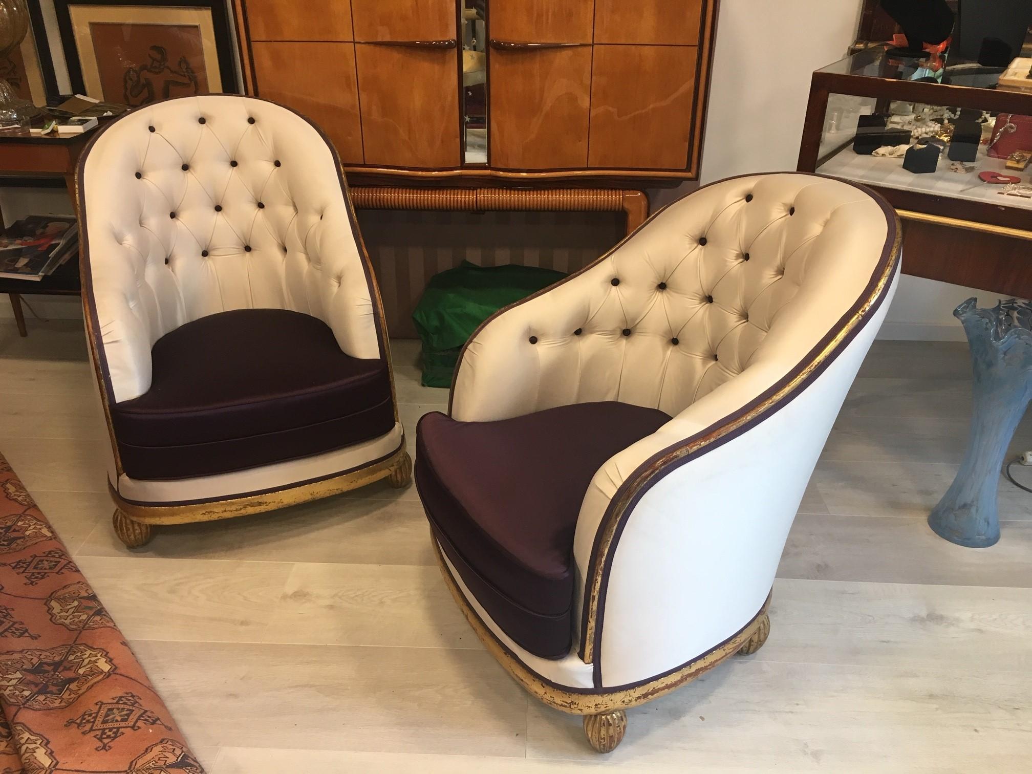 Pair of Paul Follot French Art Déco Armchairs / Bergeres in Gilded Wood, 1920s In Fair Condition In Salzburg, AT