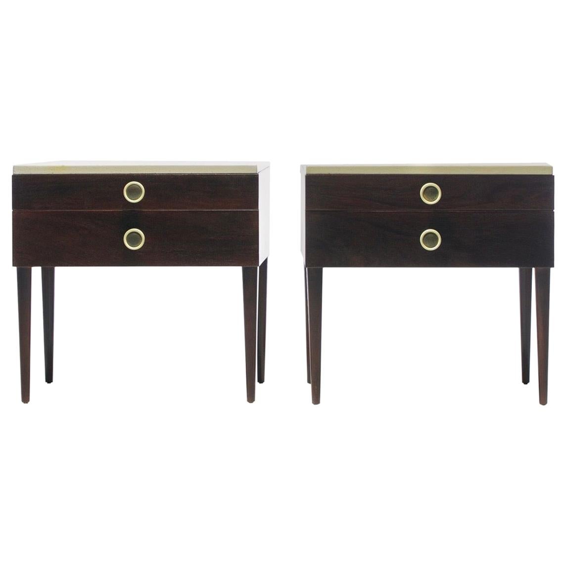 Pair of Paul Frankl Cork Top Nightstands or End Tables in Dark Walnut and Ivory For Sale