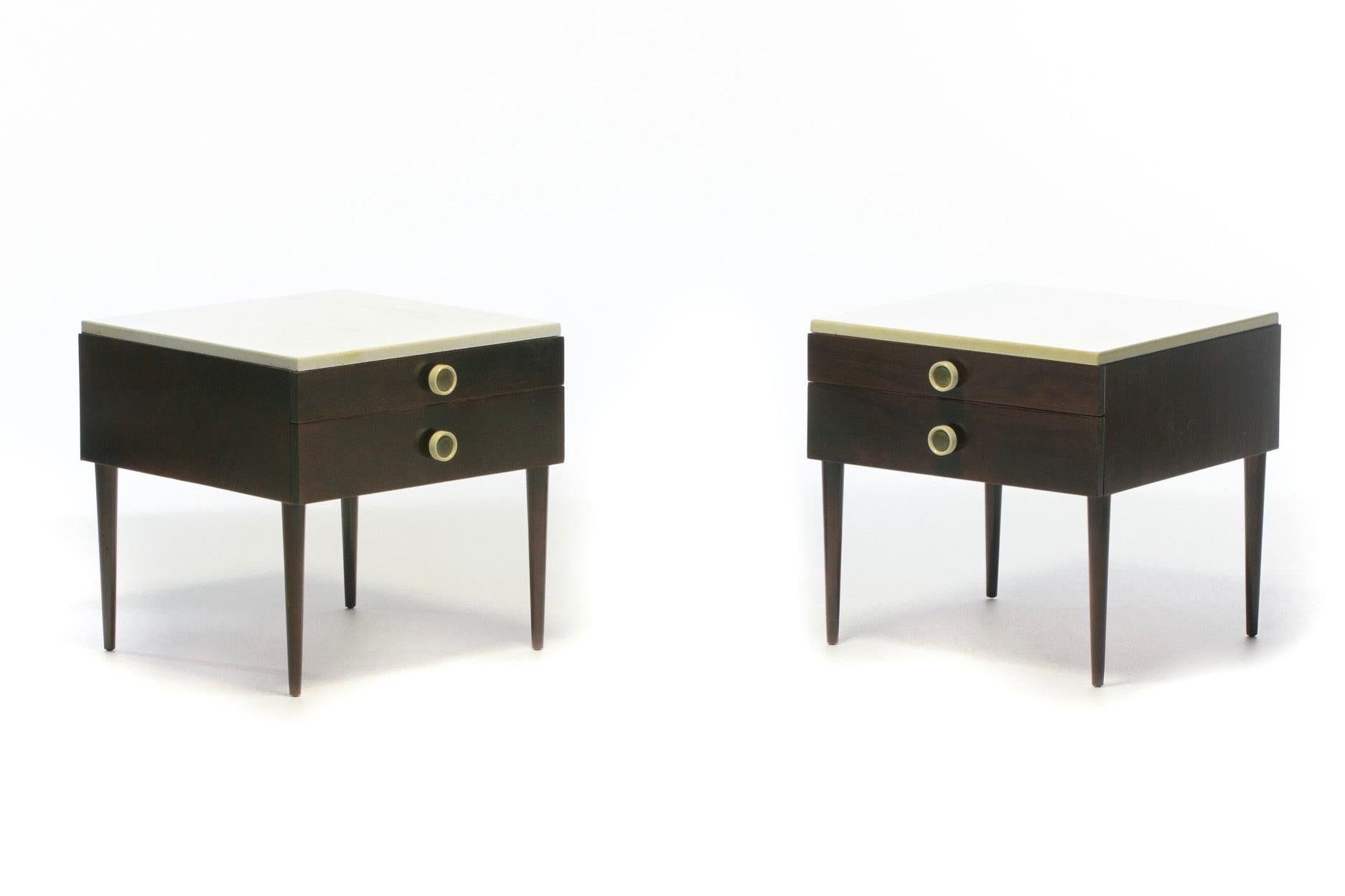 Mid-20th Century Pair of Paul Frankl Cork Top Nightstands or End Tables in Dark Walnut and Ivory For Sale