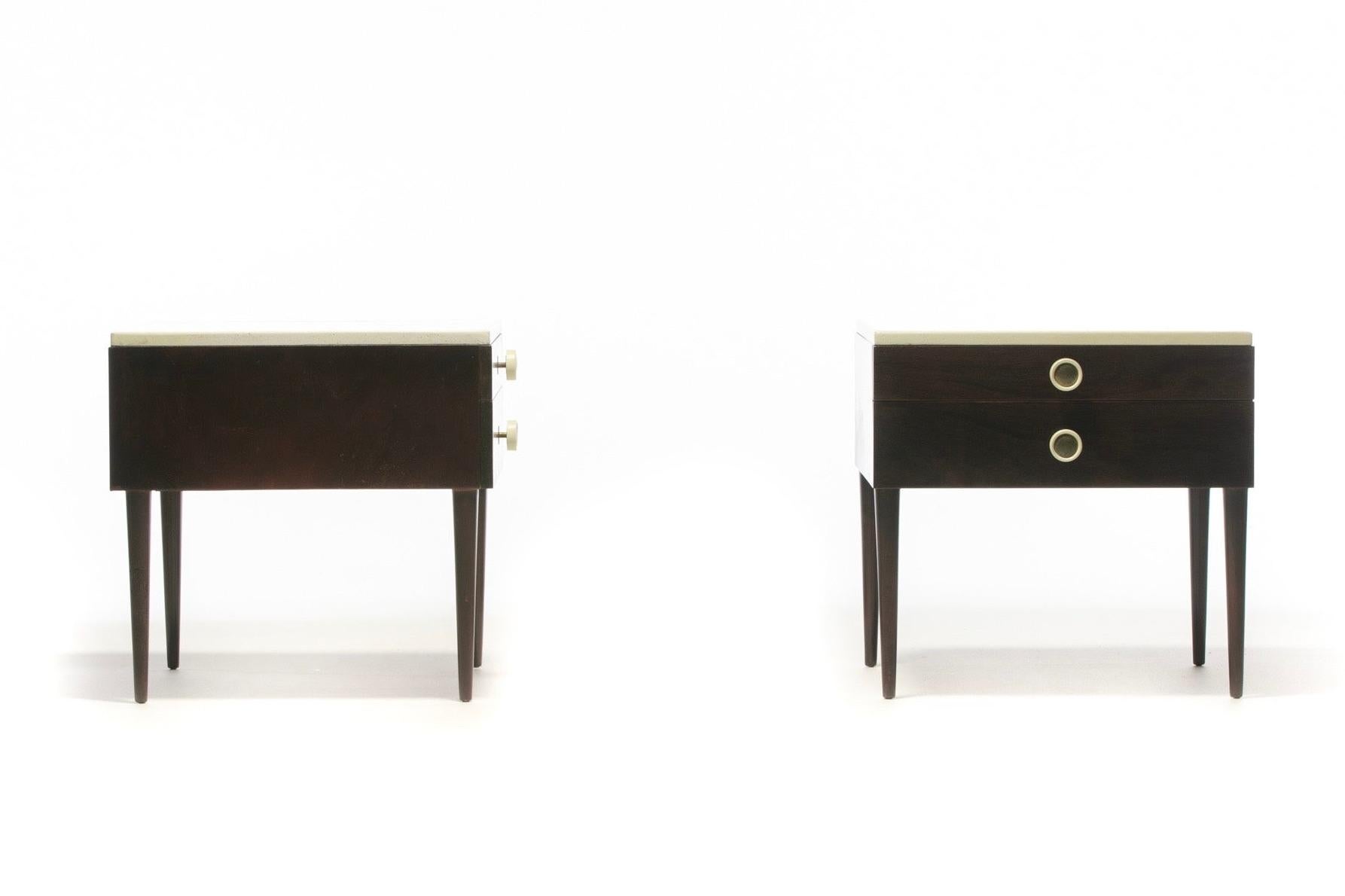 Brass Pair of Paul Frankl Cork Top Nightstands or End Tables in Dark Walnut and Ivory For Sale