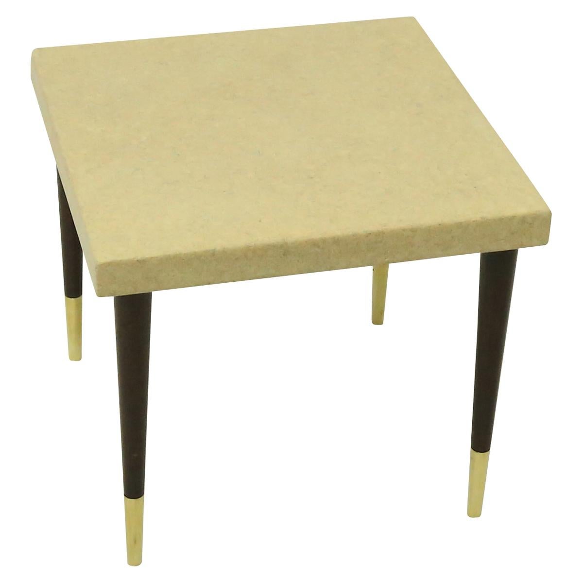 Pair of square Paul Frankl cork wrapped top side tables with mahogany legs and capped brass feet.
The tables were designed for Johnson Furniture Company. 

About Paul Frankl (Designer)
Born in Vienna, Paul Frankl came to the United States in 1914 as