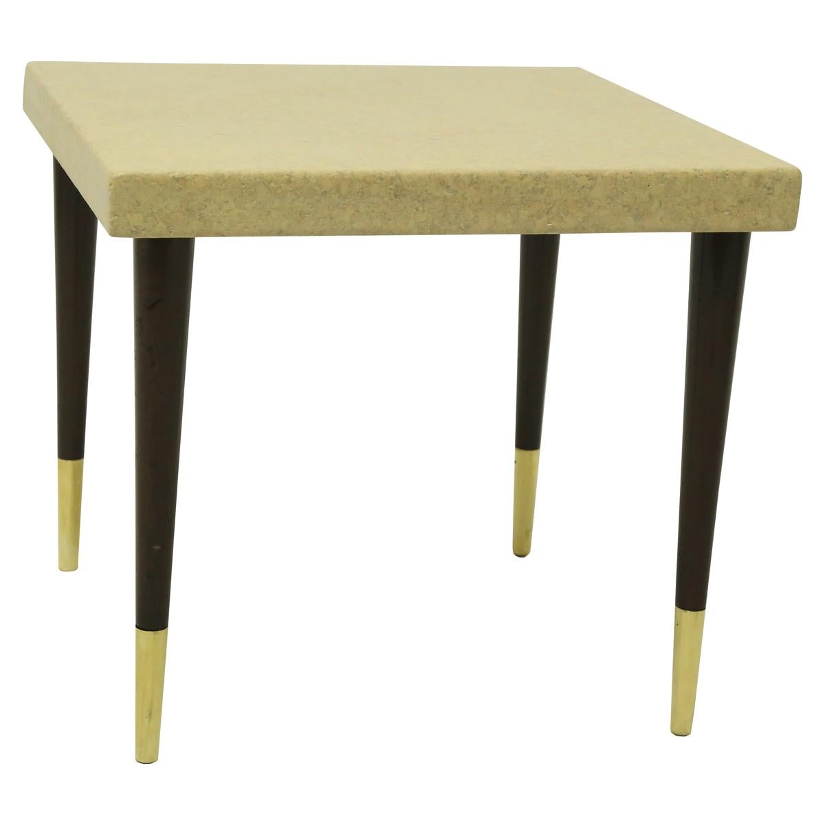 Mid-Century Modern Pair of Paul Frankl Cork Top Side Tables with Mahogany Legs with Brass Feet For Sale