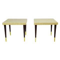Pair of Paul Frankl Cork Top Side Tables with Mahogany Legs with Brass Feet