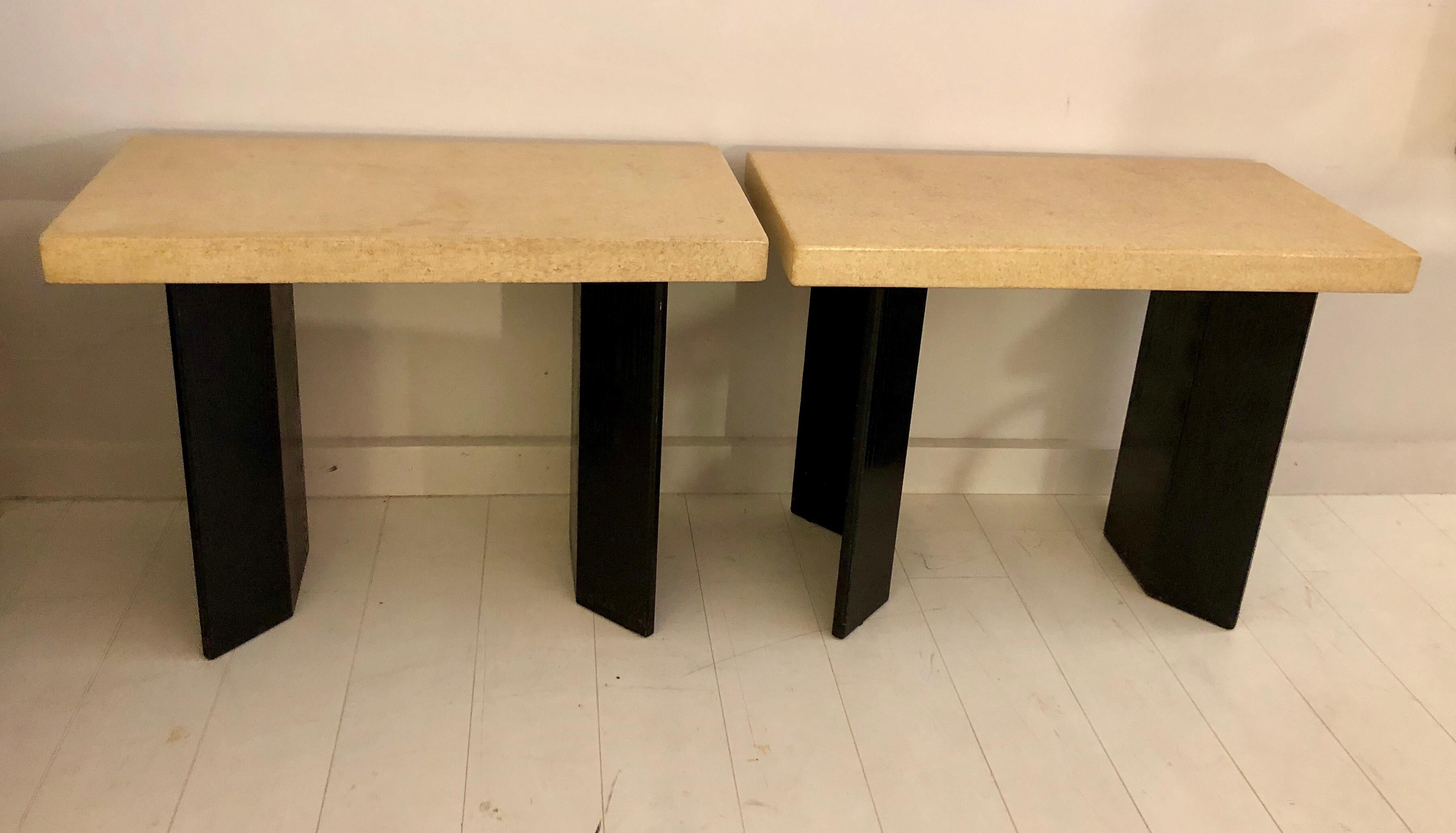 Pair of Paul Frankl Ebonized Oak and Cork Console Tables 6
