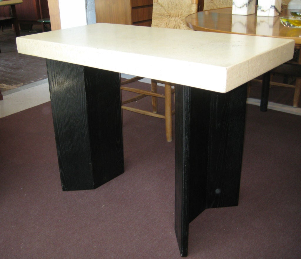 Chic and nicely sized pair of tables retaining remarkably clean original black ebonized bases and natural aged cork top. Johnson Brothers paper label attached. Priced as a pair.