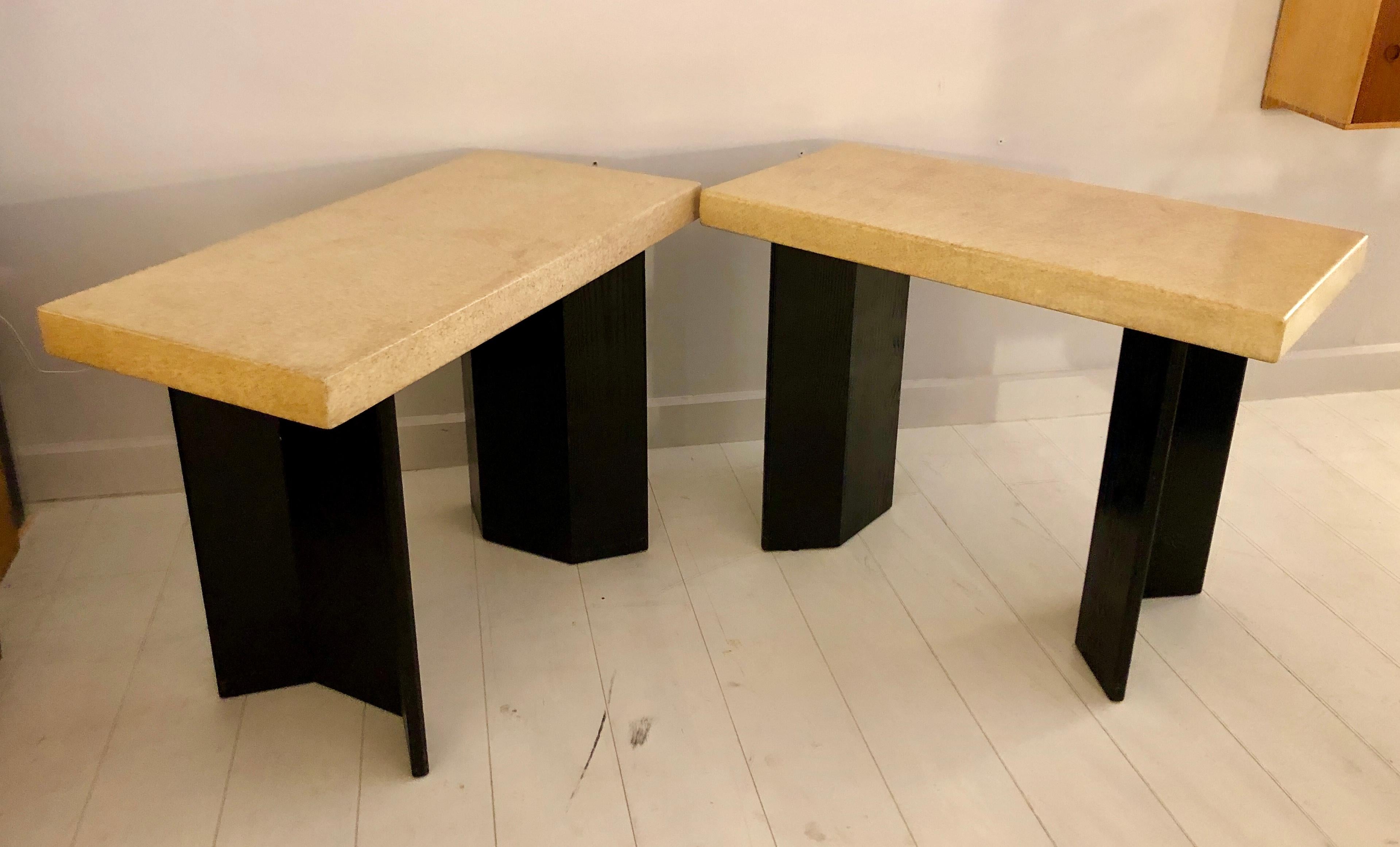 Mid-Century Modern Pair of Paul Frankl Ebonized Oak and Cork Console Tables