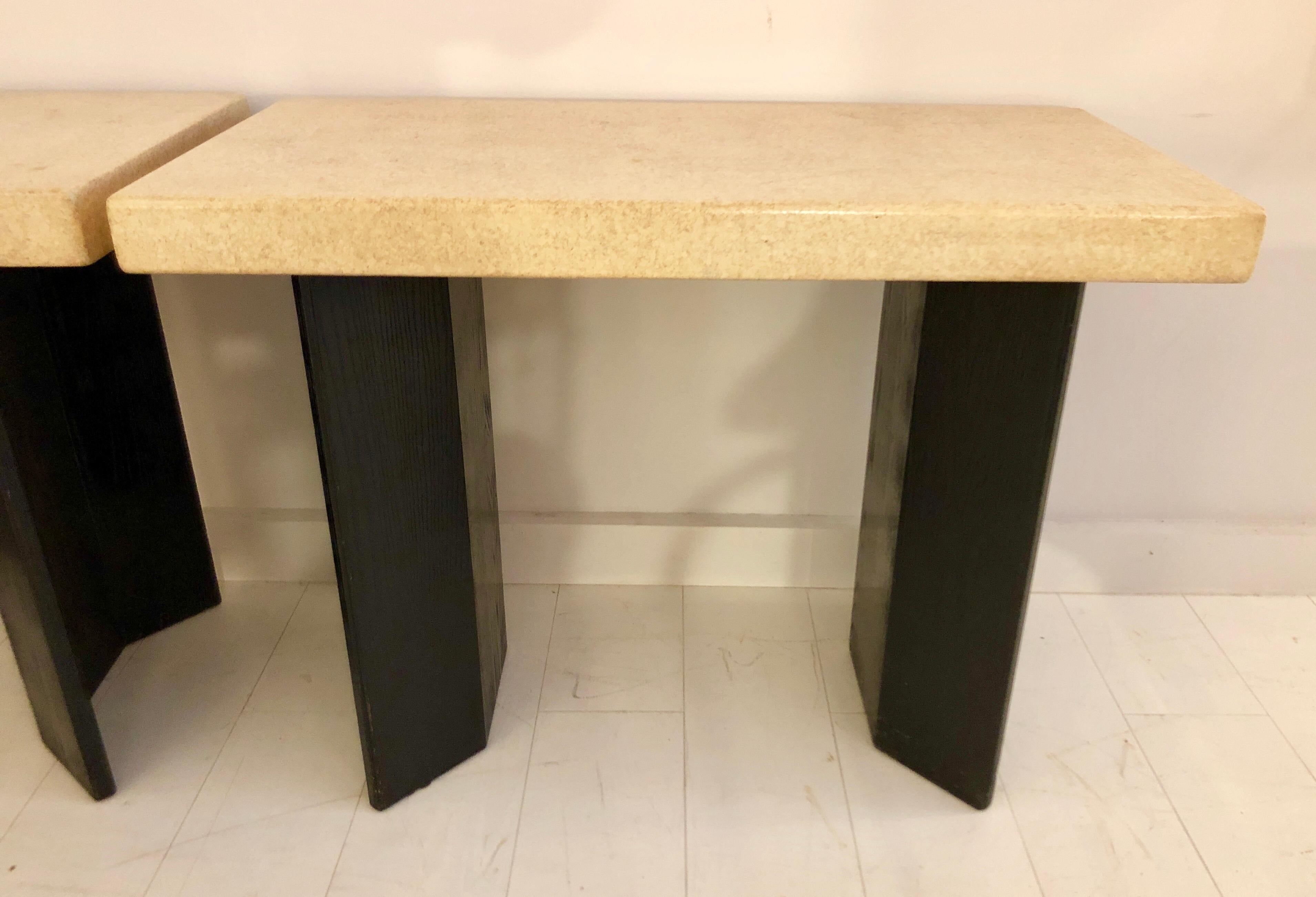 Mid-20th Century Pair of Paul Frankl Ebonized Oak and Cork Console Tables