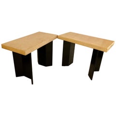 Pair of Paul Frankl Ebonized Oak and Cork Console Tables