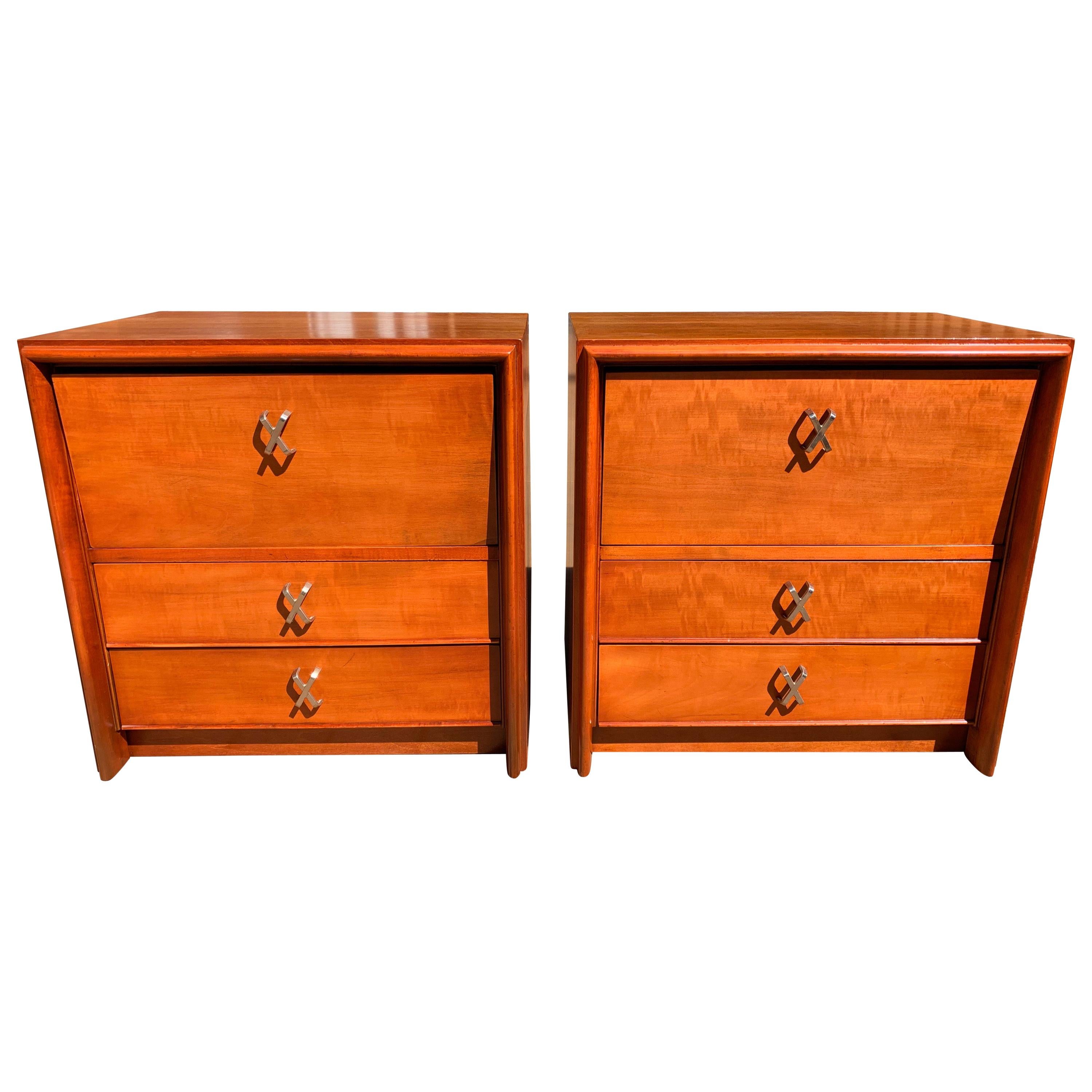 Pair of Paul Frankl for Johnson Furniture Cherry Nightstands with Nickel X-Pulls