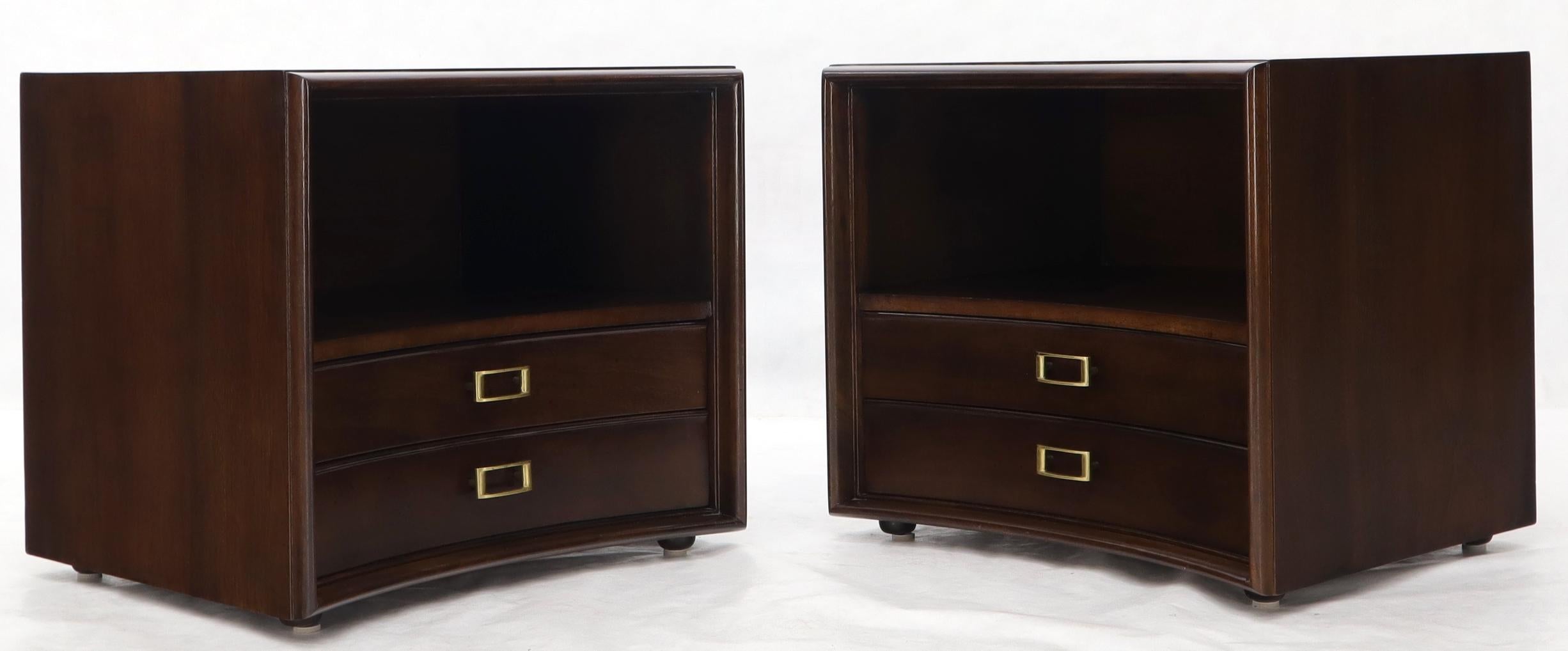 Pair of dark chocolate brown Mid-Century Modern nightstands designed by Paul Frankl for Johnson Furniture. Stunning mint condition, beautiful finish pair.
