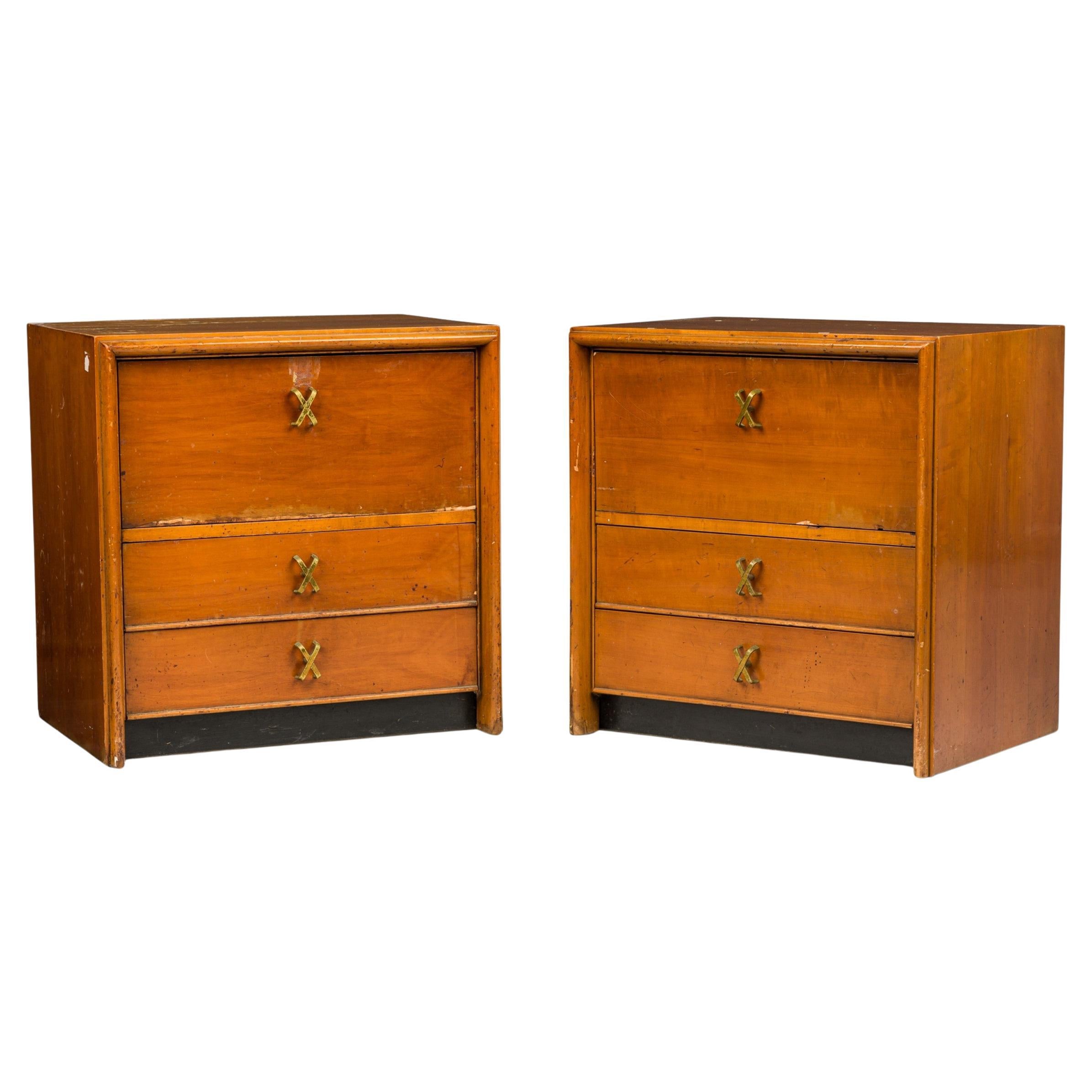 Pair of Paul Frankl for Johnson Furniture Wooden Brass X Handle Bedside Table For Sale