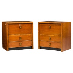 Pair of Paul Frankl for Johnson Furniture Wooden Brass X Handle Bedside Table