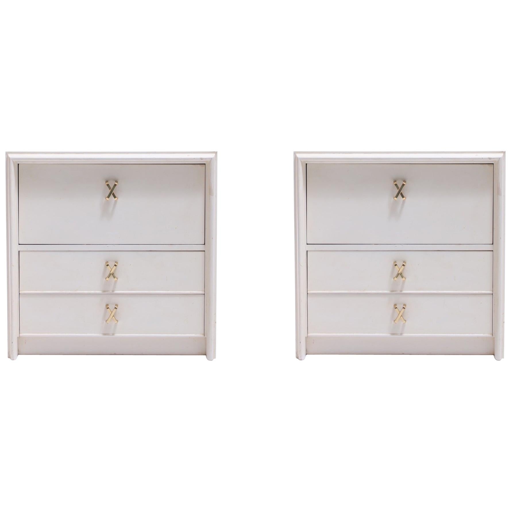 Pair of Paul Frankl Ivory Lacquered Night Stands with Brass X Pulls, circa 1950