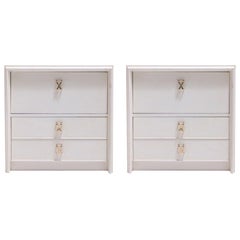 Pair of Paul Frankl Ivory Lacquered Nightstands with Brass X Pulls, circa 1950