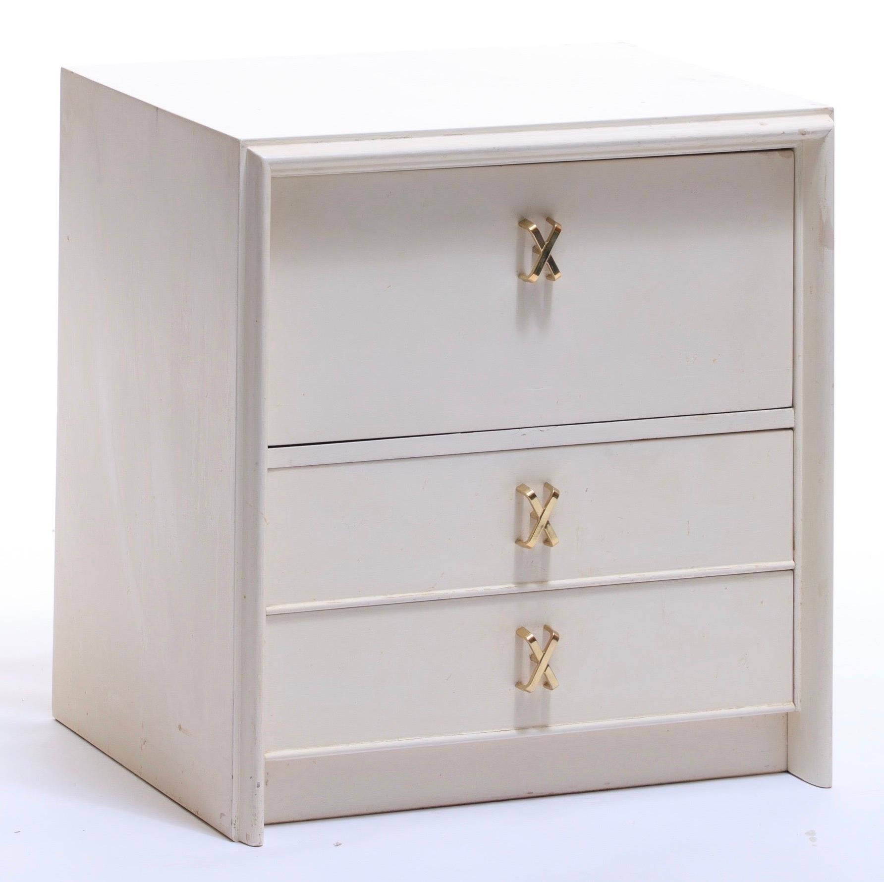 Mid-20th Century Pair of Paul Frankl Ivory Lacquered Nightstands with Brass X Pulls, circa 1950