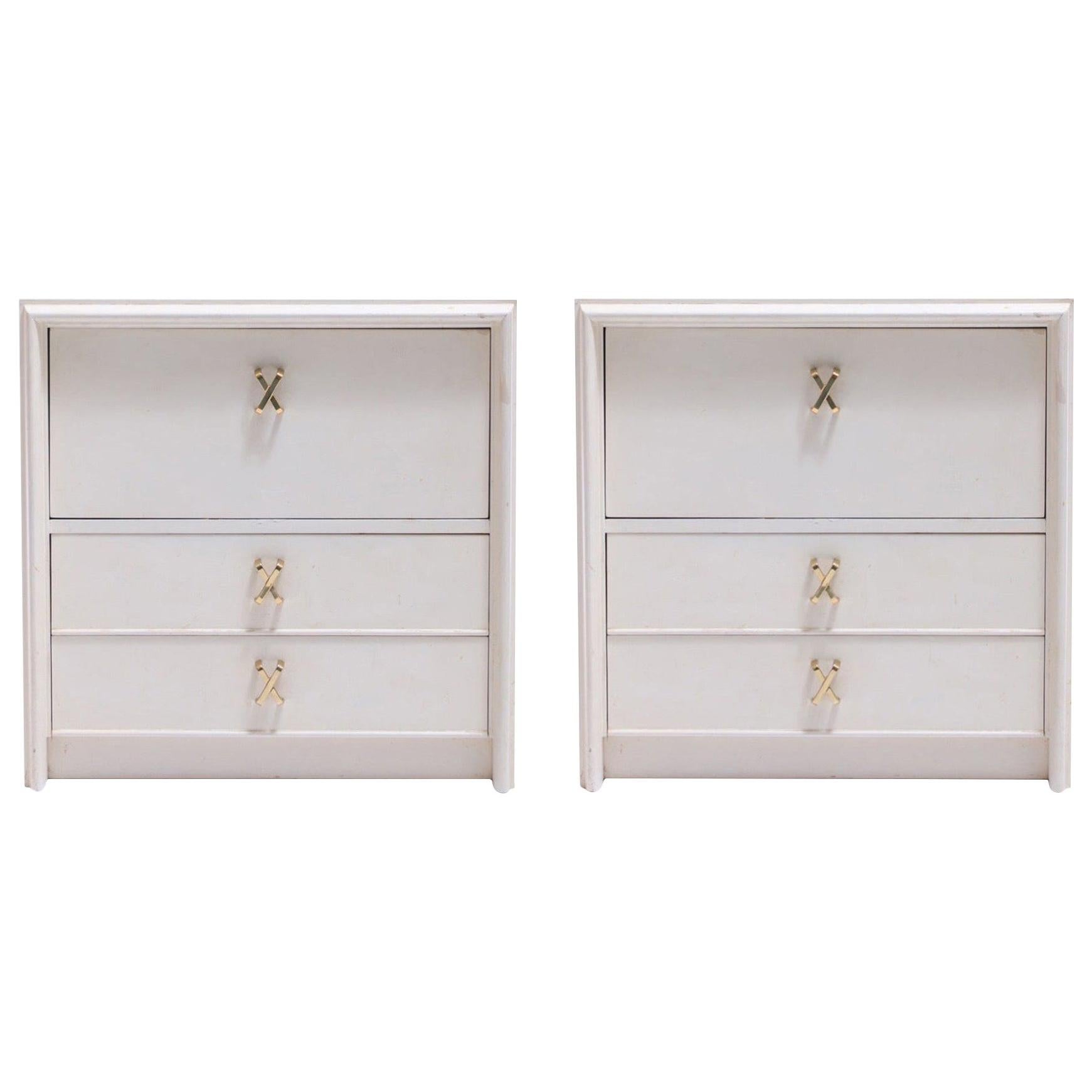 Pair of Paul Frankl Ivory Lacquered Nightstands with Brass X Pulls, circa 1950