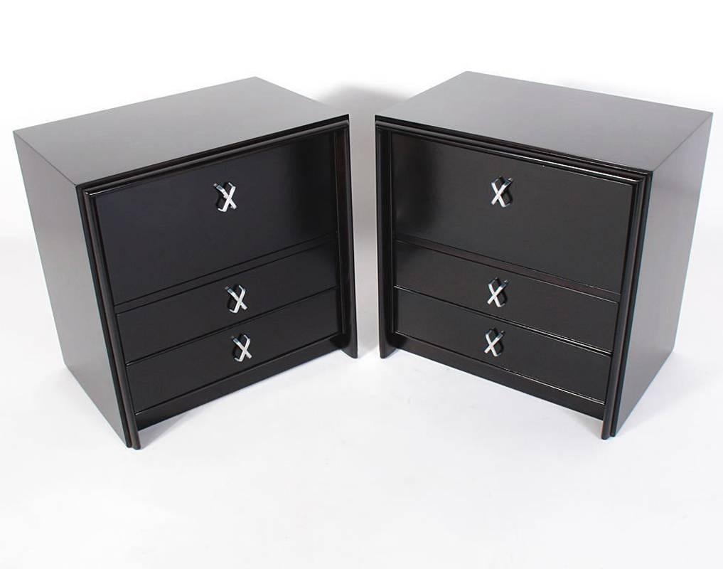 Pair of glamorous nightstands or end tables, designed by Paul Frankl for Johnson Furniture, circa 1950s. They are a versatile size and can be used as night stands or as end or side tables. The examples seen in the photos have been sold, but we have
