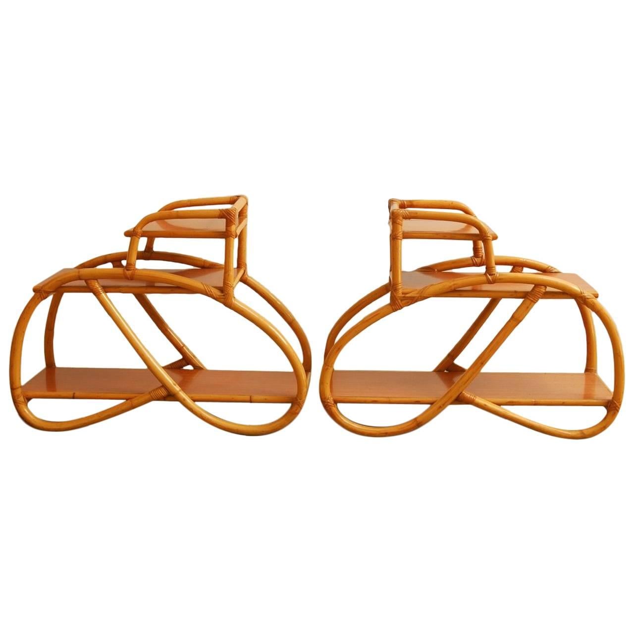 Pair of Paul Frankl Rattan Pretzel Tiered Nightstands