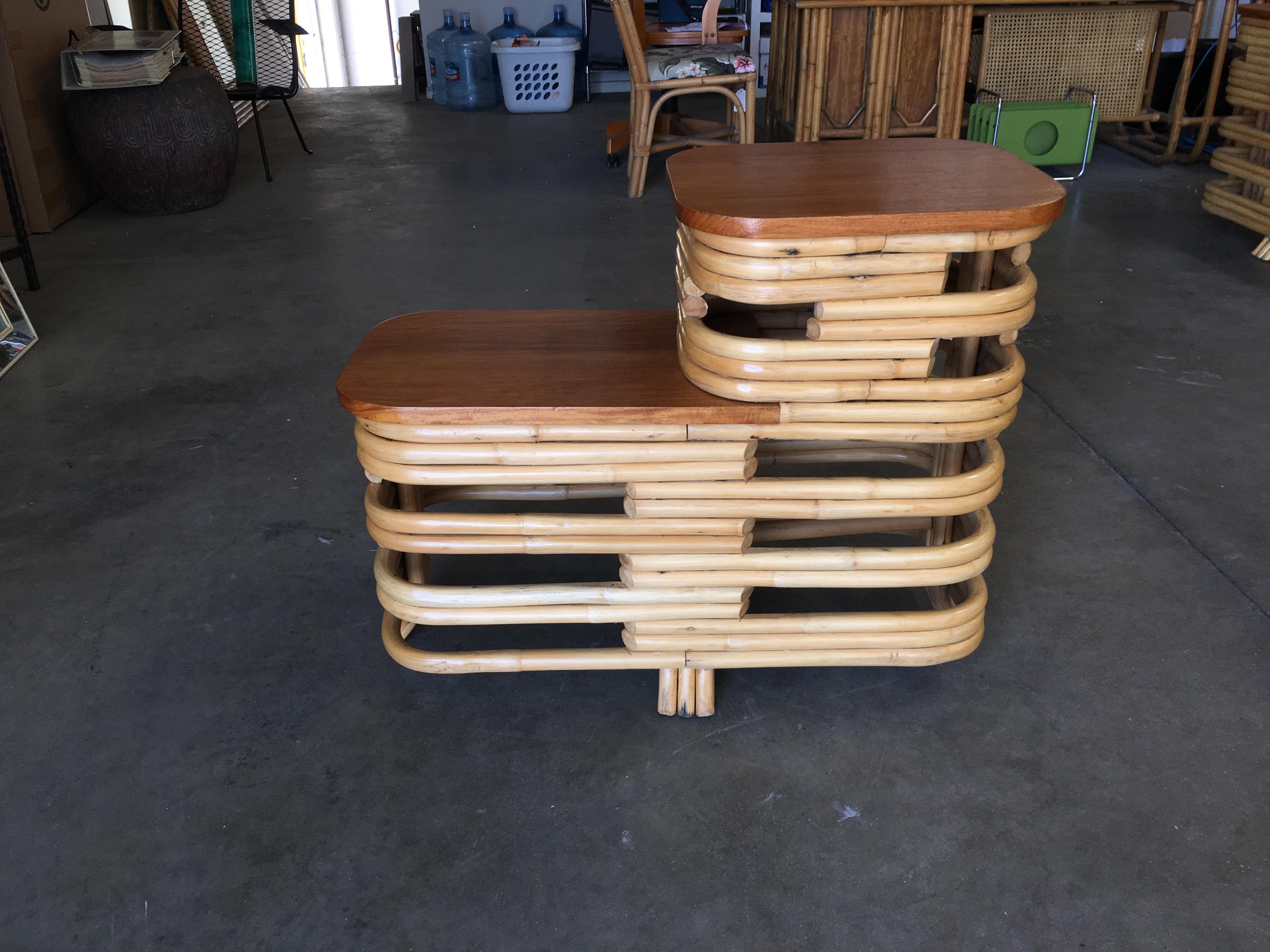 Mid-20th Century Pair Art Deco Stacked Rattan Side Table with Legs For Sale