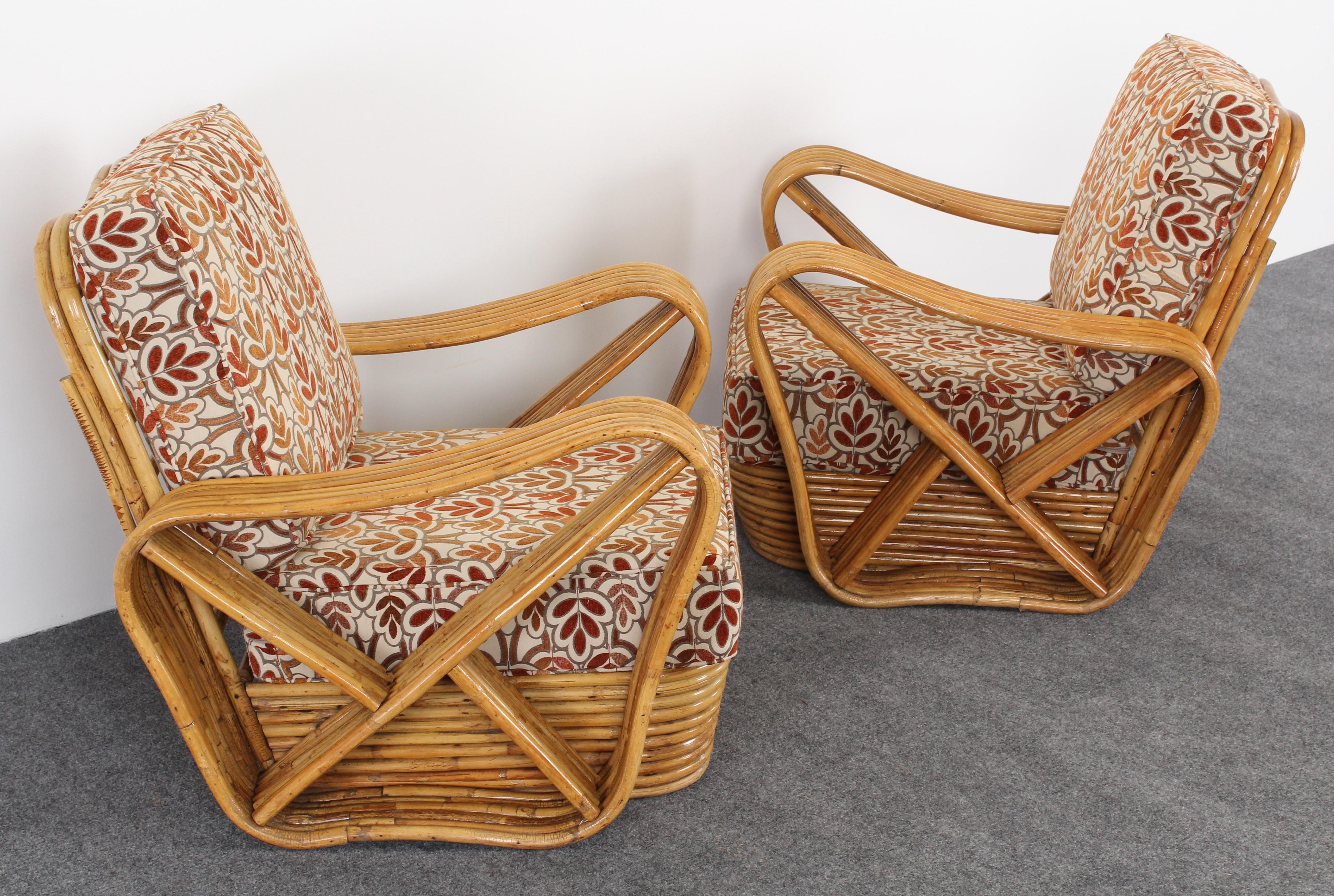 Mid-Century Modern Pair of Paul Frankl Style Bamboo Rattan Lounge Chairs, 1950s