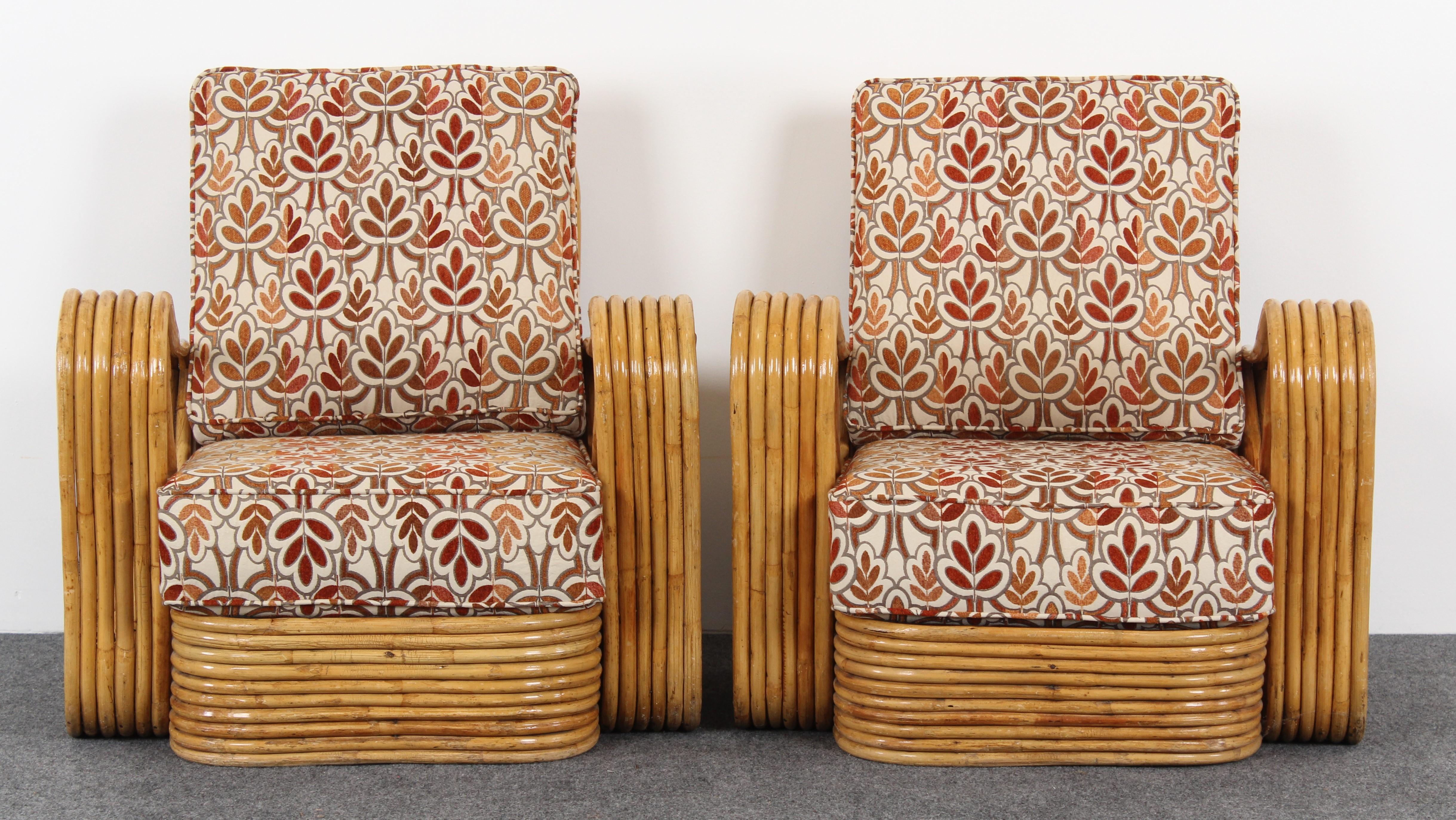 American Pair of Paul Frankl Style Bamboo Rattan Lounge Chairs, 1950s