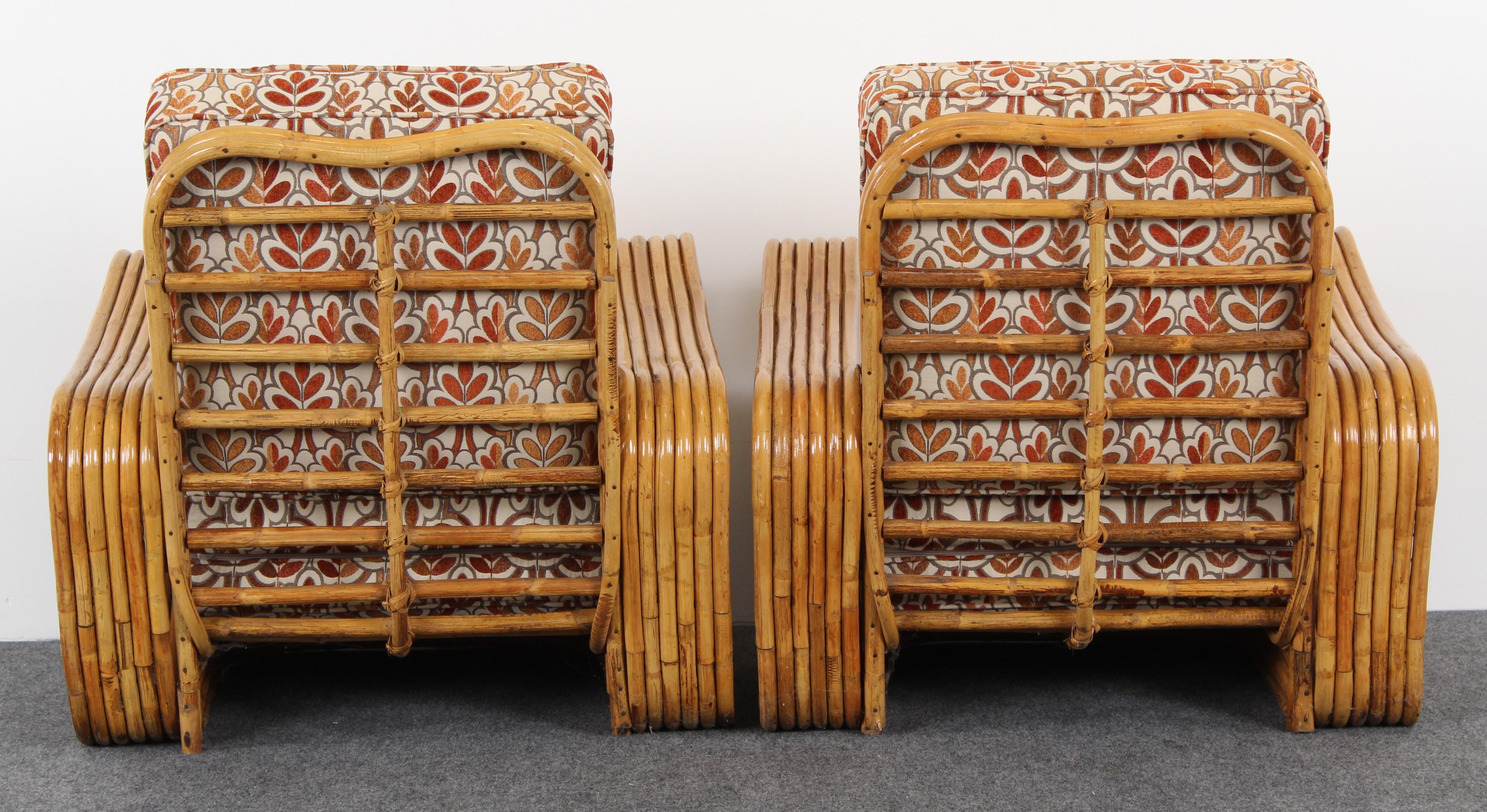 Mid-20th Century Pair of Paul Frankl Style Bamboo Rattan Lounge Chairs, 1950s