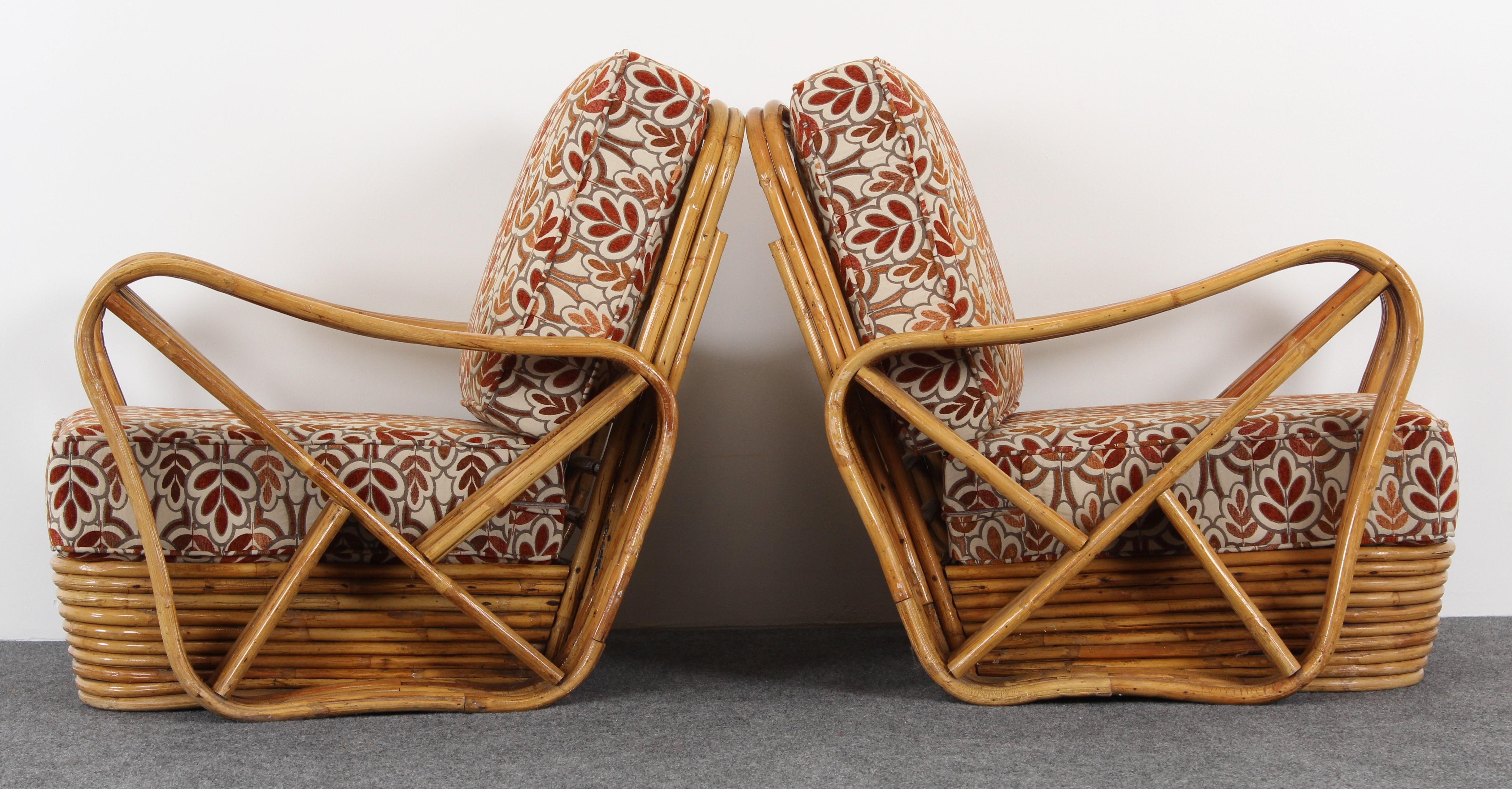 Pair of Paul Frankl Style Bamboo Rattan Lounge Chairs, 1950s 1