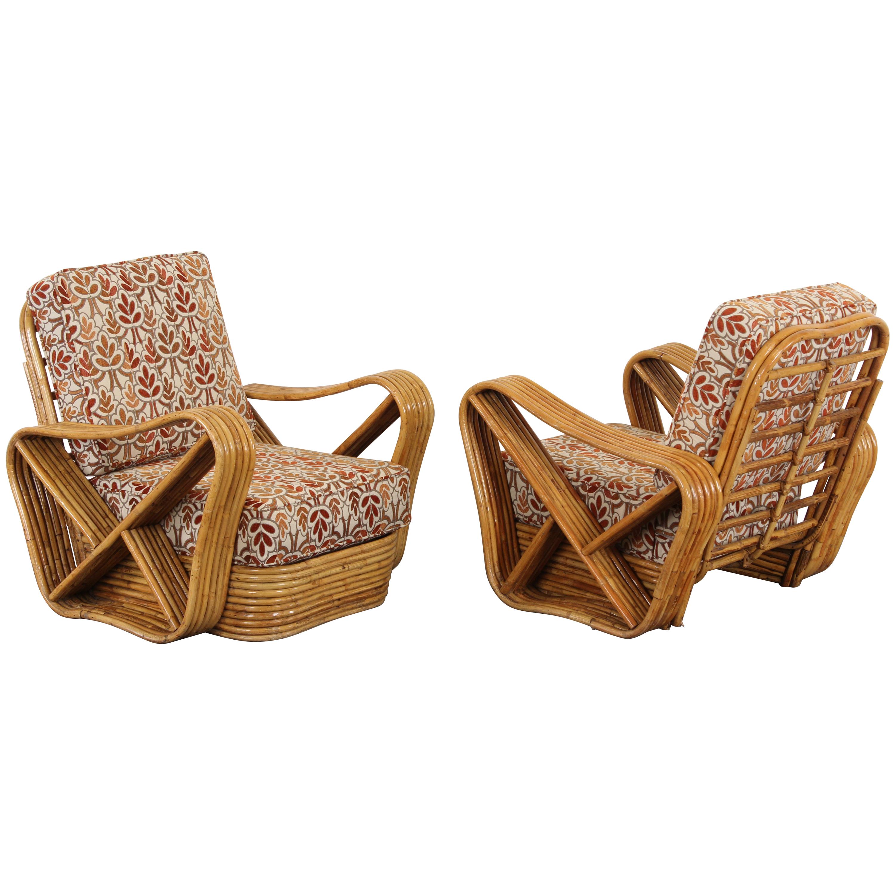 Pair of Paul Frankl Style Bamboo Rattan Lounge Chairs, 1950s