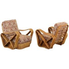 Pair of Paul Frankl Style Bamboo Rattan Lounge Chairs, 1950s