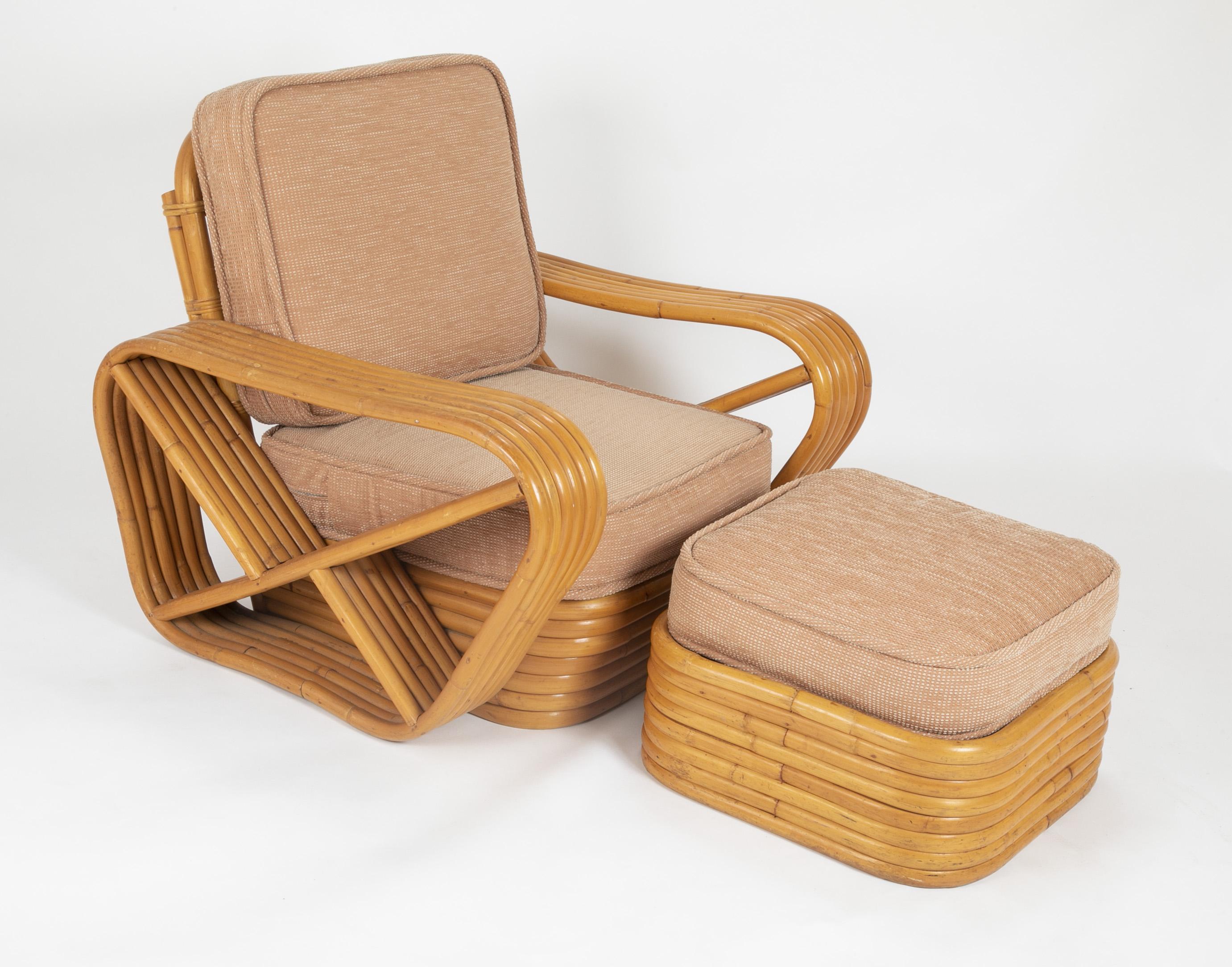 A great pair of Paul Frankl style rattan armchairs. Both chairs have matching ottomans.

Ottomans Measure:  13